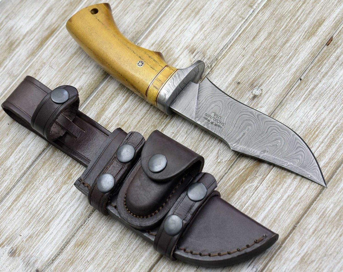 Premium Damascus Steel Hunting Knife with Exotic Yellow Heart Wood Handle - Outdoor Survival, Camping & Bushcraft Essential