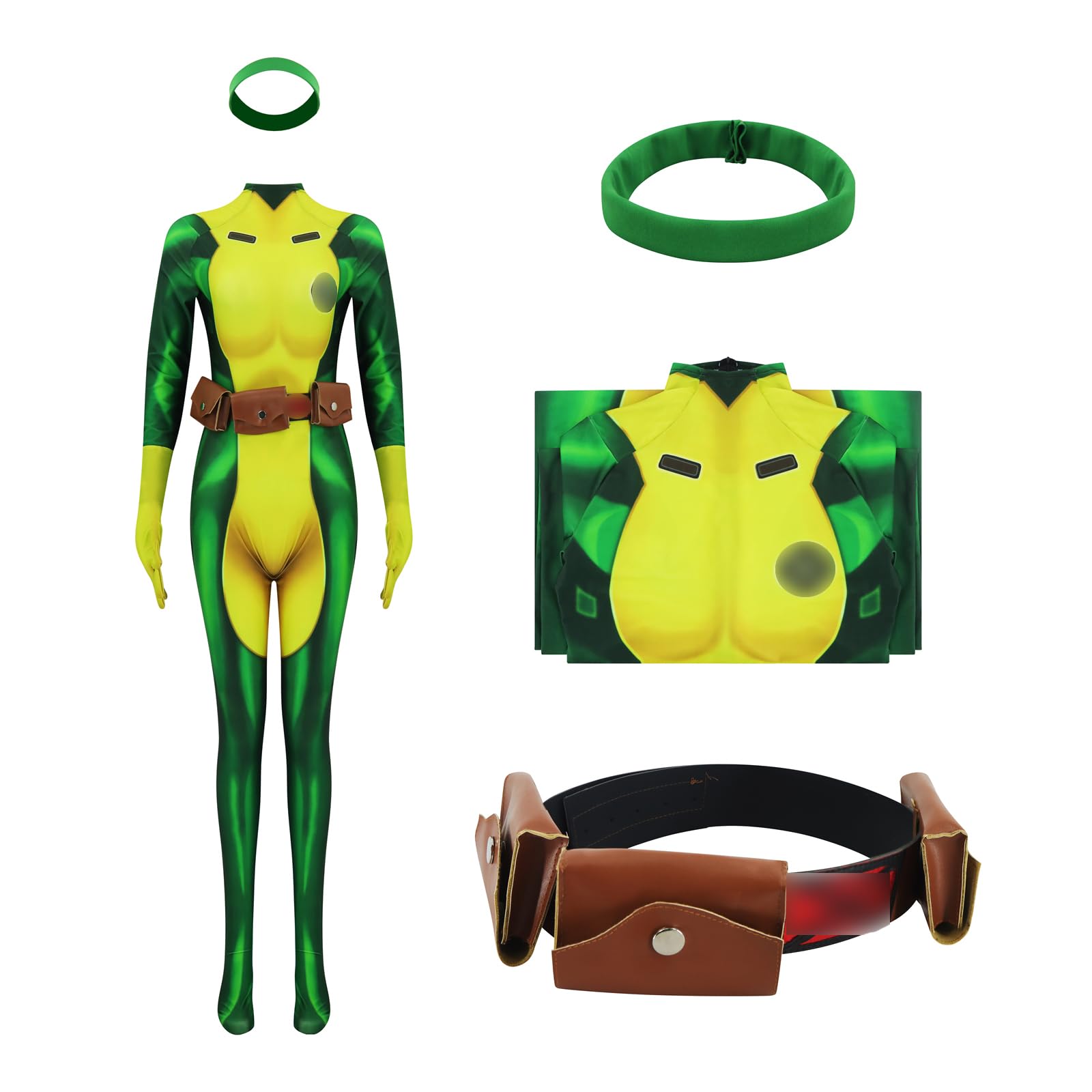 Rogue Superhero Costume for Women - Green Bodysuit Zentai Jumpsuit with Headband & Belt | X-Men Cosplay, Halloween Outfit, Comic-Con Costume | Perfect for Halloween Parties, Comic Conventions & Cosplay Events