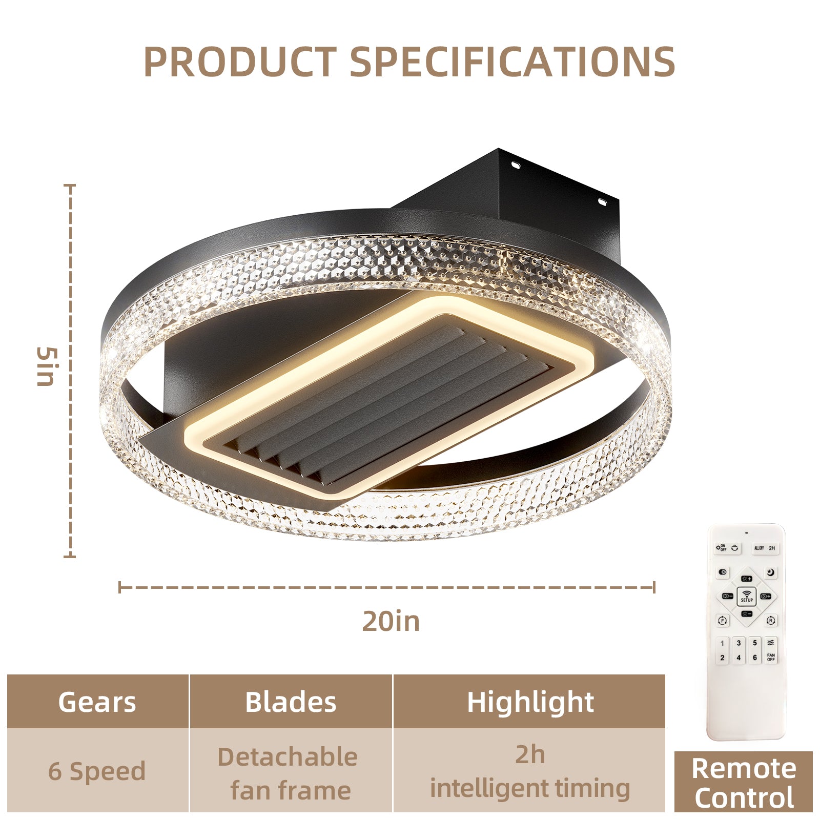 20 Inch Modern Leafless Ceiling Fan with Remote Control - Reversible Motor, Removable & Washable - Perfect for Bedroom, Living Room, and Office Spaces