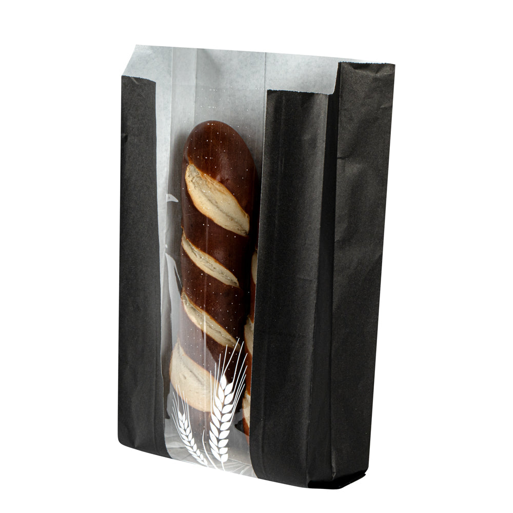 Black Paper Bread Bags - Micro Perforated, Greaseproof, Wheat Pattern (5.75