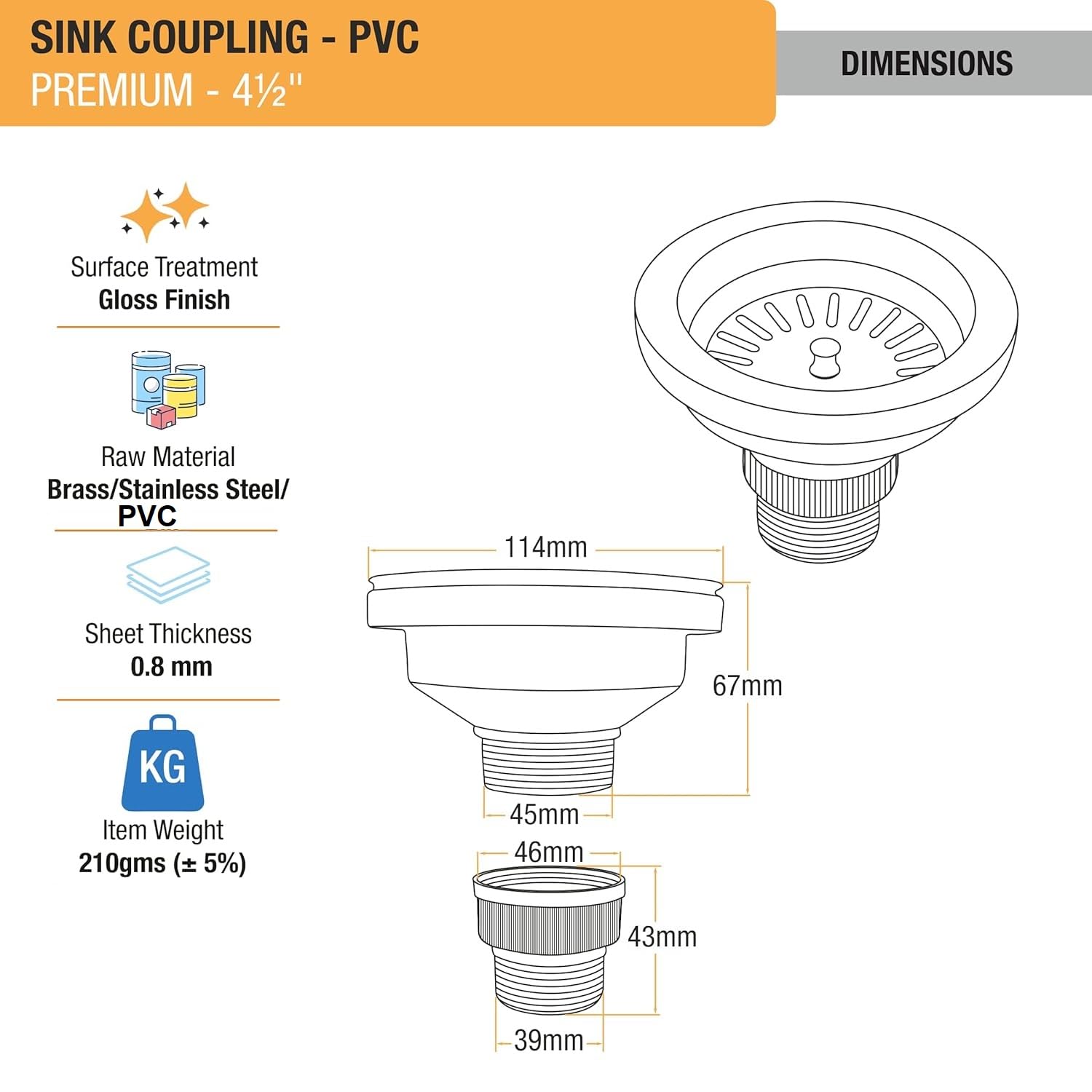 Quento PVC Sink Coupling Kit - 2 Pack Chrome Finished Drain Outlet Connector for Kitchen Sink Plumbing | Durable PVC Pipe Fitting for Home Repair & Bathroom Installation