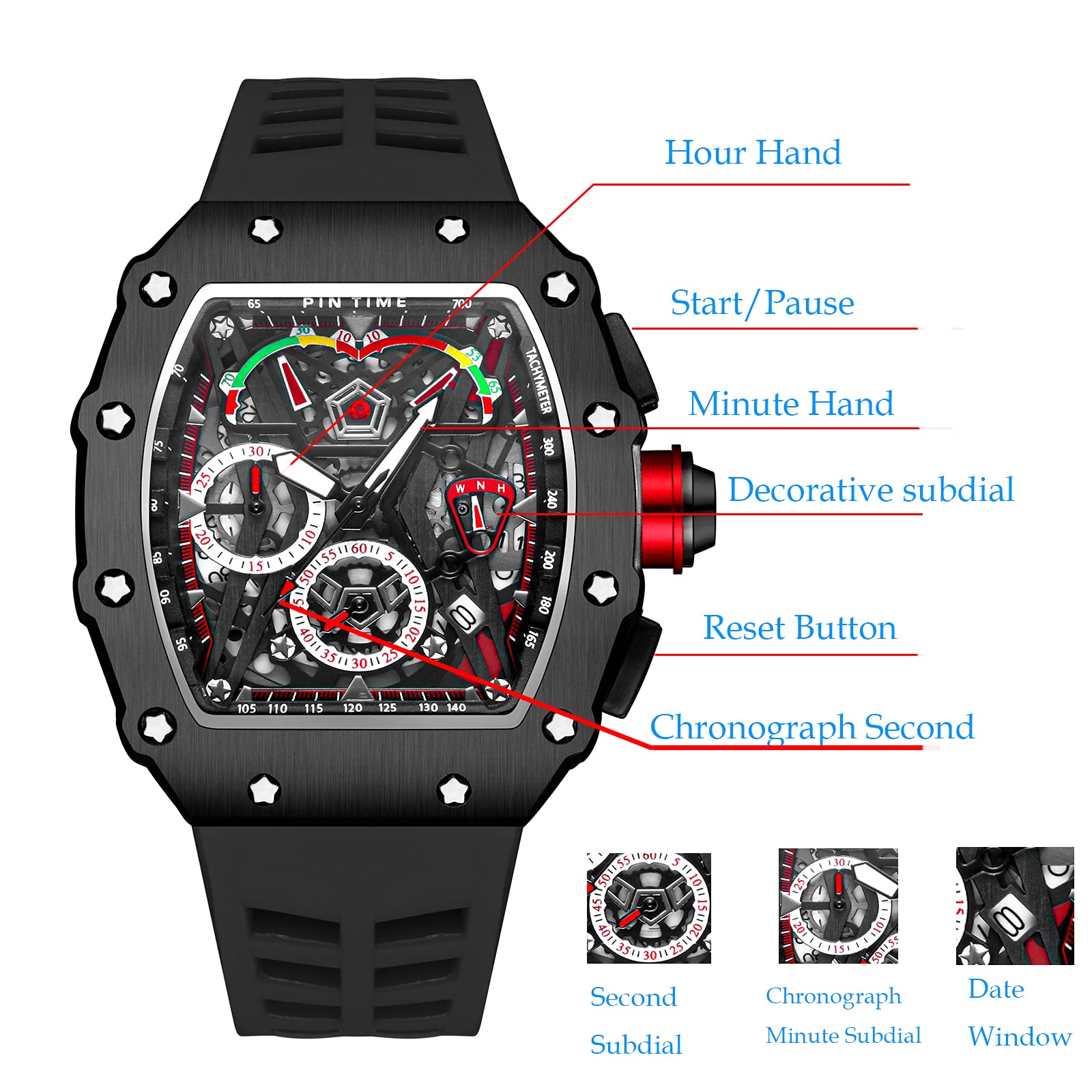 PINTIME Men's Fashion Watch - Hollow Punk Chronograph Sports Wristwatch - Luxury Designer Timepiece for Casual & Formal Wear - Perfect for Business, Dating & Special Occasions
