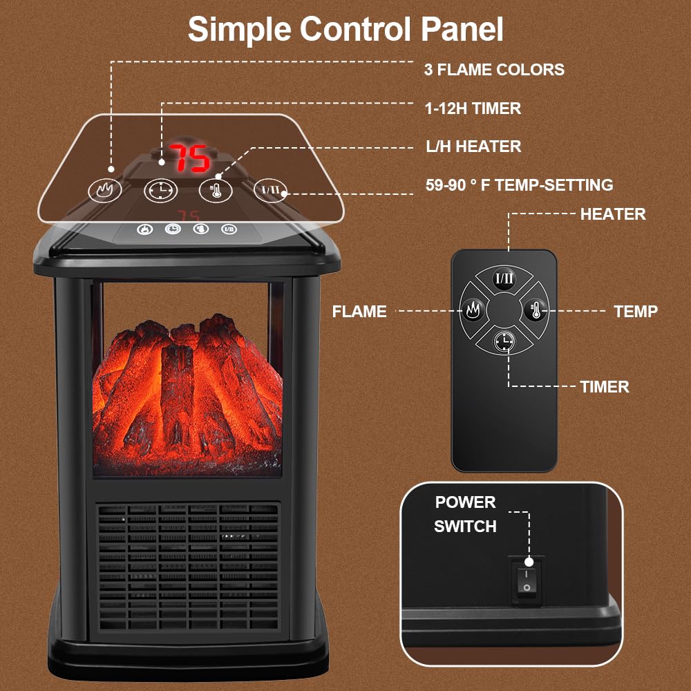Portable 3-Sided Electric Fireplace Heater - Freestanding Mini Indoor Space Heater with Realistic Flame, Thermostat, Timer & Remote Control - Overheat Protection - Perfect for Living Rooms, Bedrooms & Offices