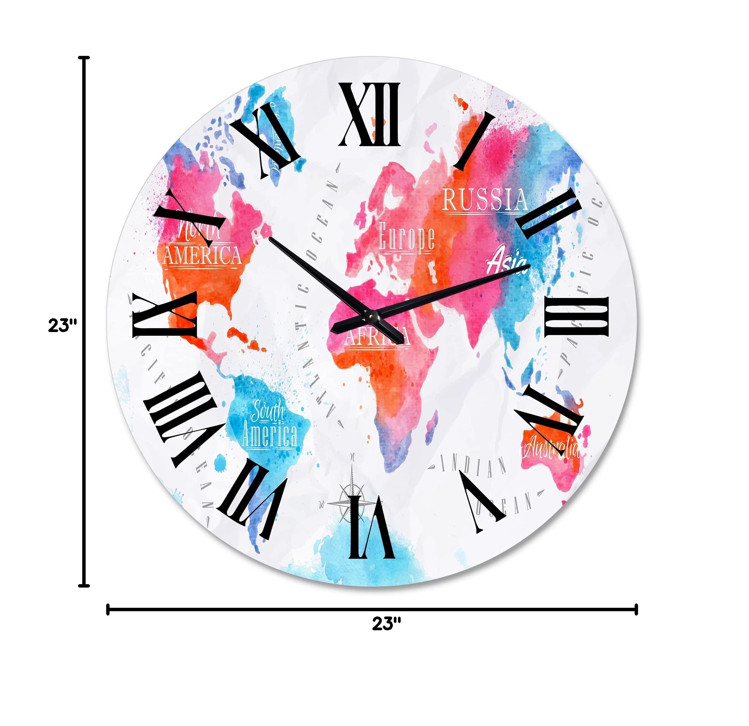 DesignQ Modern World Map Wall Clock in Pink and Blue - Large Decorative Clock for Kitchen, Living Room, Bedroom & Office | Perfect Home Decor Gift