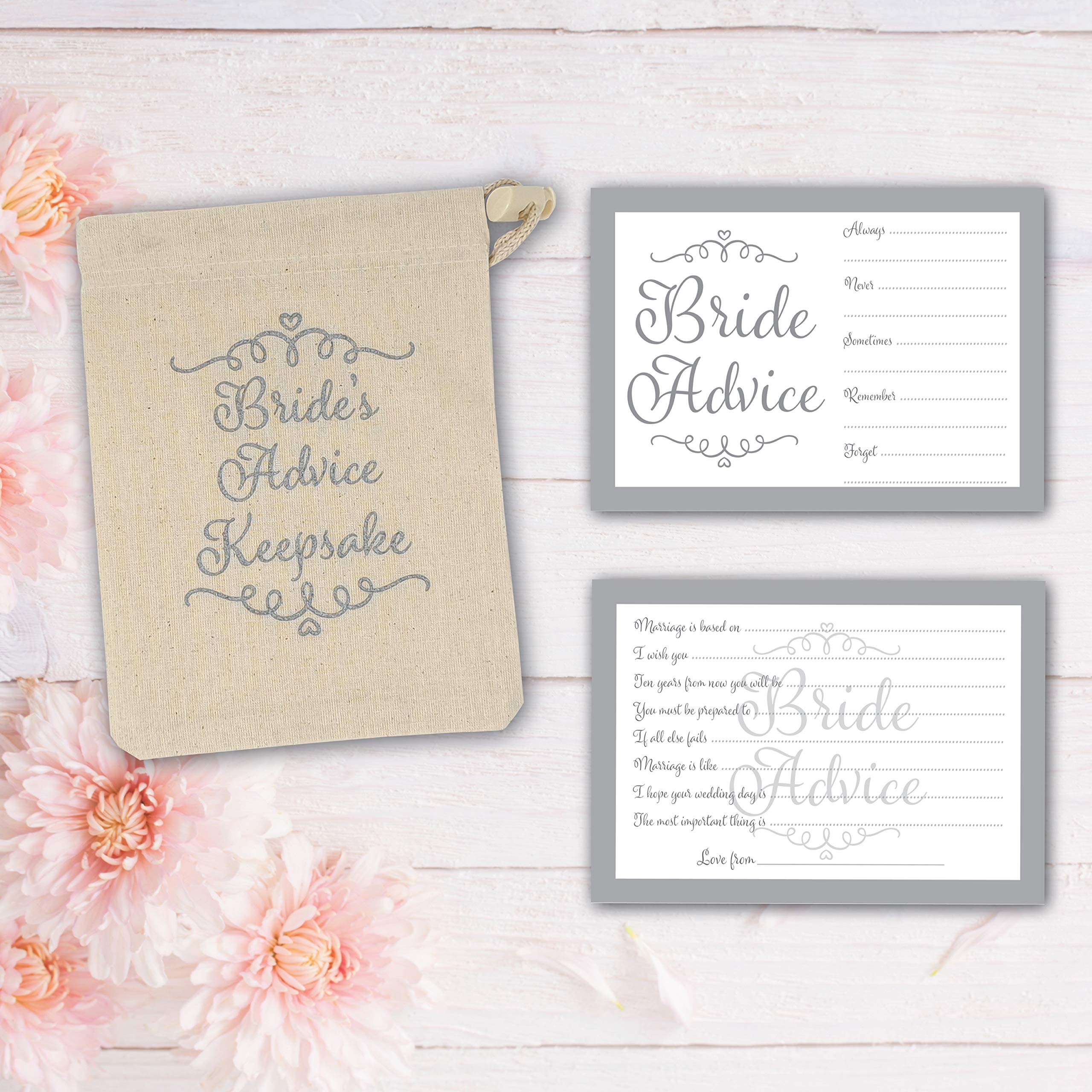 30 Pack Bride Advice Cards with Keepsake Pouch - Wedding Shower Game, Hen Party Gift, Bridal Advice Notes in Grey or Natural Canvas - Perfect for Bachelorette Parties & Wedding Planning Memories