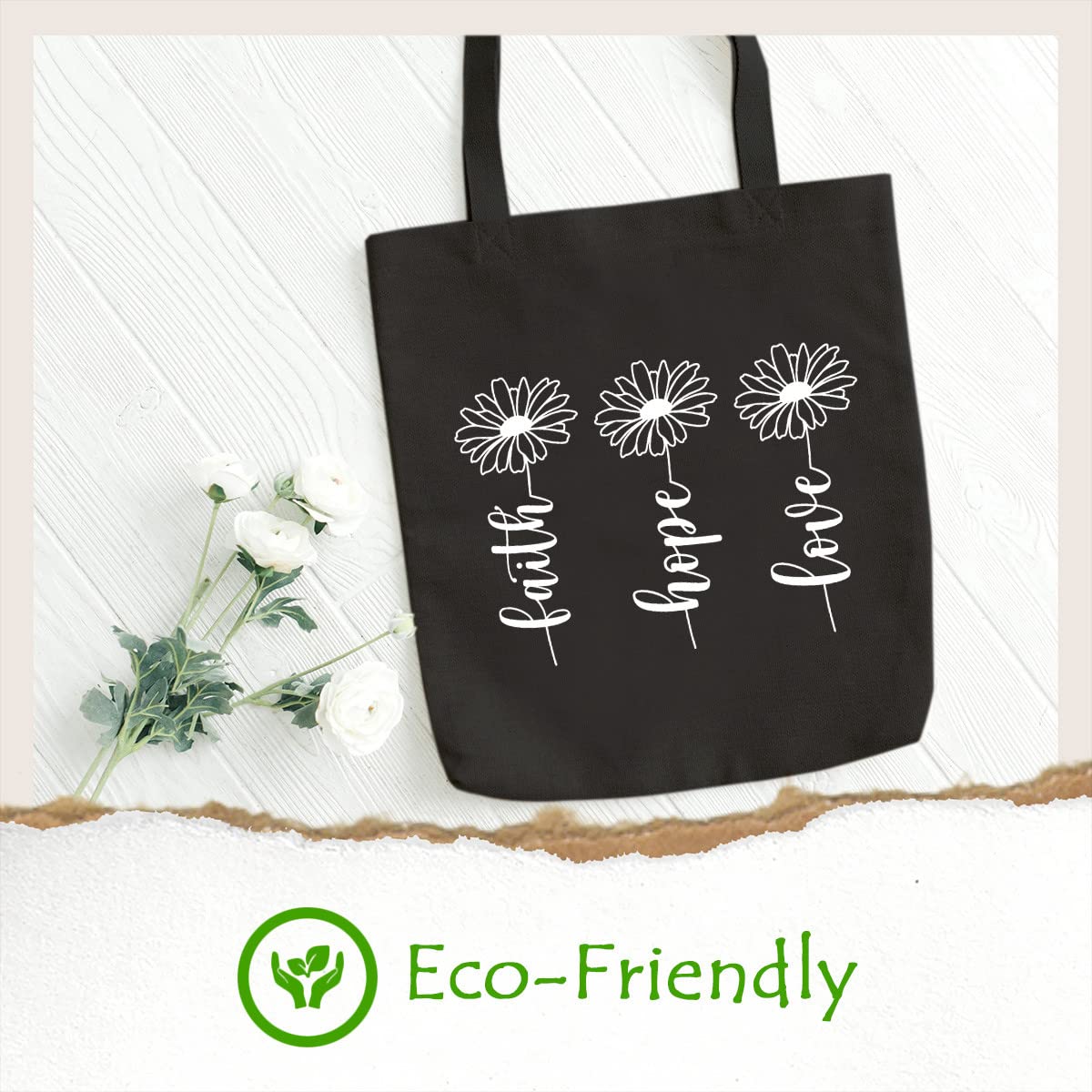 SAUIVD Faith Hope Love Eco-Friendly Tote Bags - Daisy Floral Christian Reusable Canvas Grocery Shopping Bag for Church, Bible Study & Daily Use