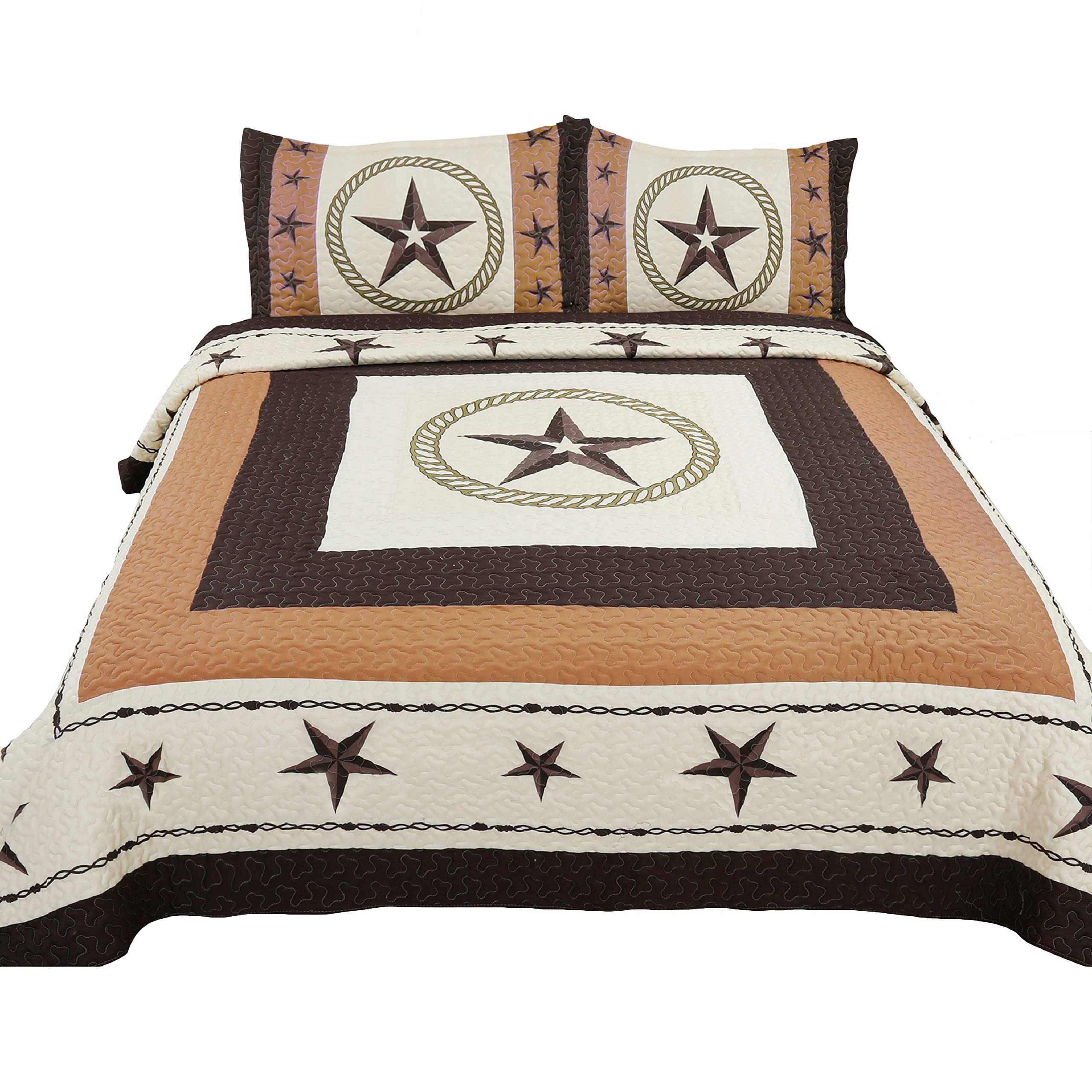 Western Peak 3-Piece Star Pattern Luxury Quilt Bedspread Comforter Set - Beige Queen Size for Master Bedroom, Guest Room & Dorm Decor