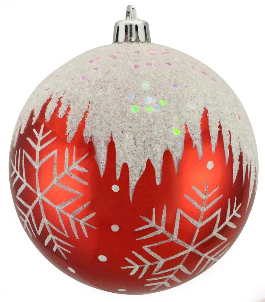 100MM Vacuum Plated Shiny Red Christmas Ball Ornament with White Glitter Snowflakes - Elegant Holiday Tree Decor for Xmas, Party & Home Decoration