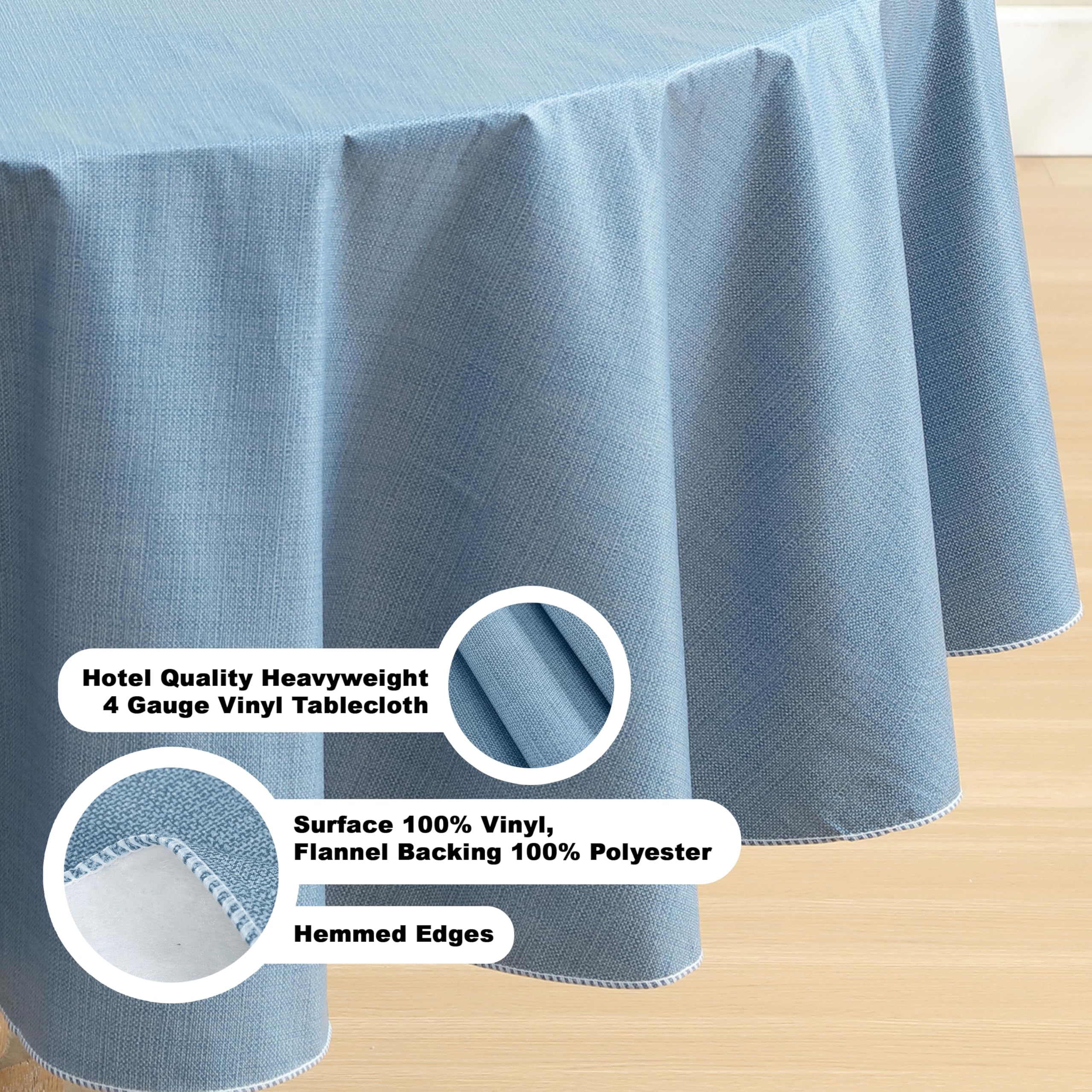 Premium Heavy 4-Gauge Vinyl Flannel Backed Tablecloth - Wipe Clean Indoor/Outdoor Use - 70 Inch Round Chambray Blue - Perfect for Cafes, Hotels, Restaurants & Home Dining