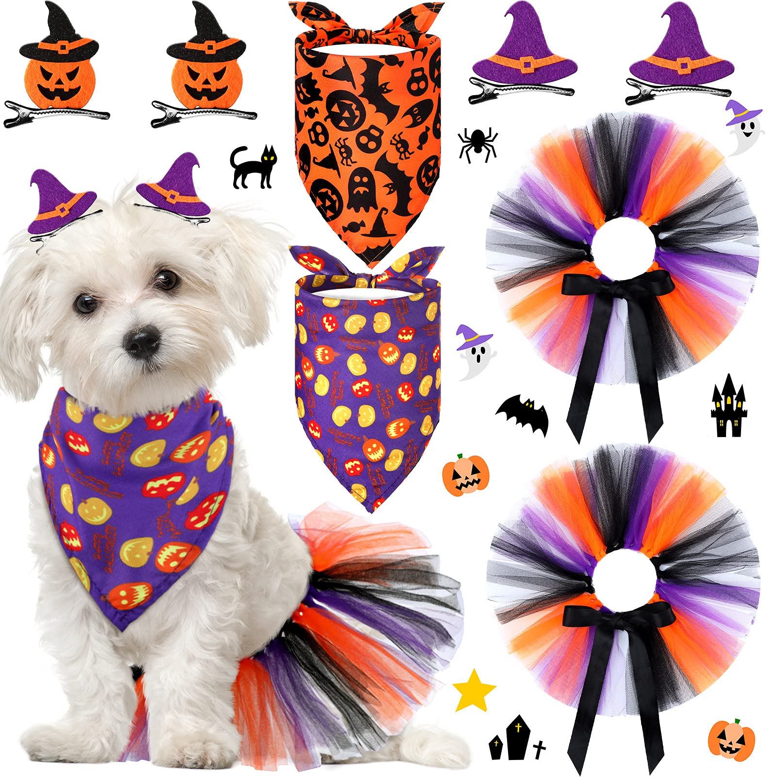 8-Piece Halloween Dog Costume Set - Tulle Tutu Skirt, Bandana & Hairpins for Small Dogs & Cats | Pet Halloween Party Accessories for Birthday & Costume Parties (Great for Trick-or-Treating & Photo Shoots)