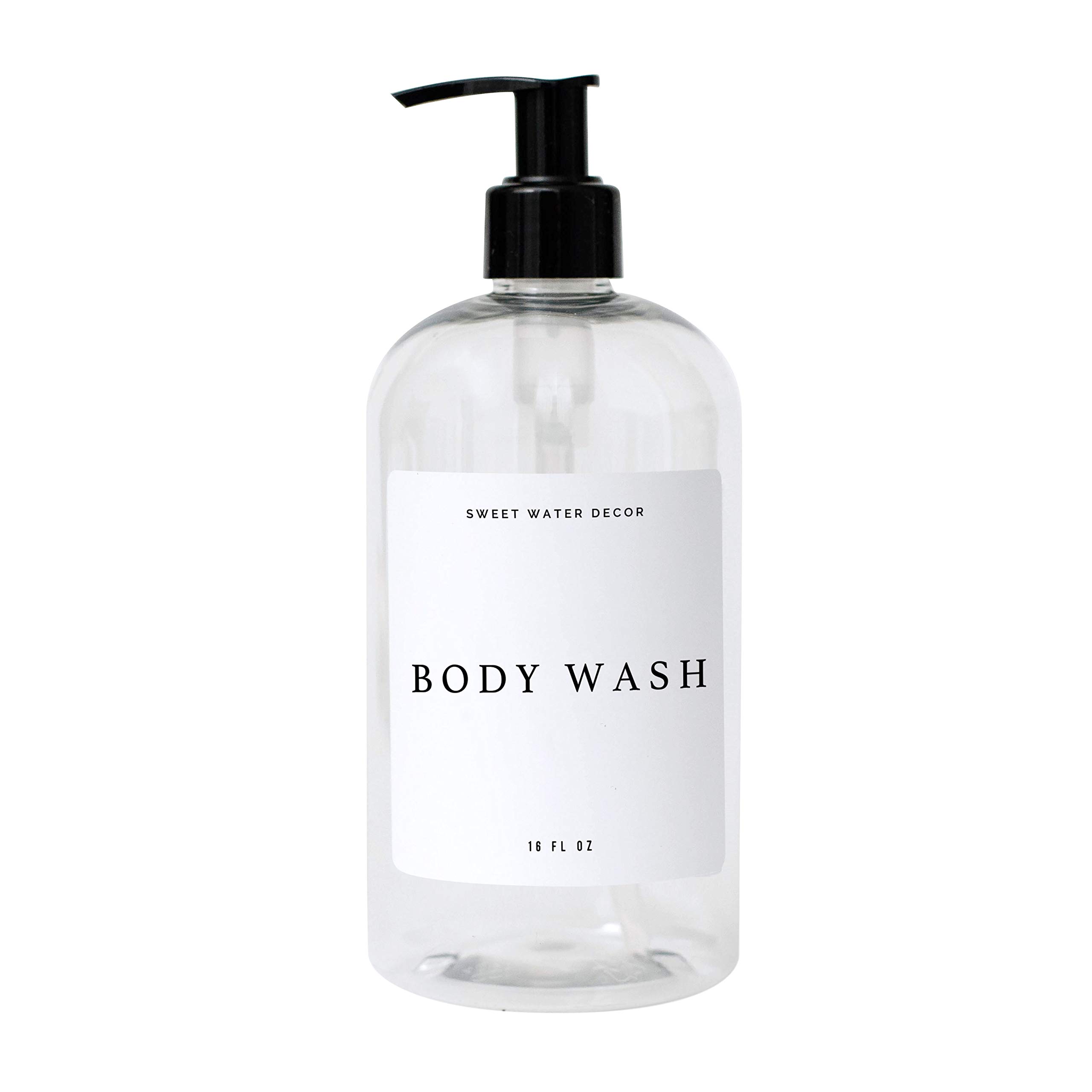 Sweet Water Decor 16 oz Clear Plastic Refillable Body Wash Dispenser with Pump - Rustic Modern Farmhouse Style - Waterproof White Label with Black Text - Perfect for Bathroom, Kitchen, or Gift Giving