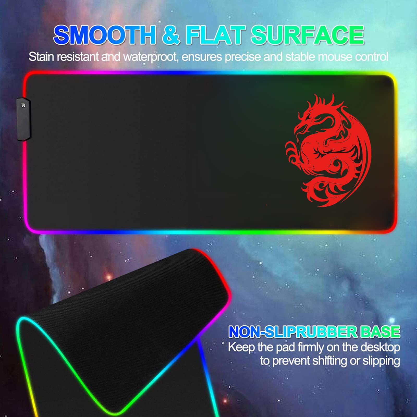 RGB Gaming Mouse Pad with 15 LED Light Modes - Large Extended Keyboard Mouse Mat (31.5x12in) for PC Gamers - Dragon Design Non-Slip Surface - Perfect for Gaming Setups, Office Work & Streaming (Red)