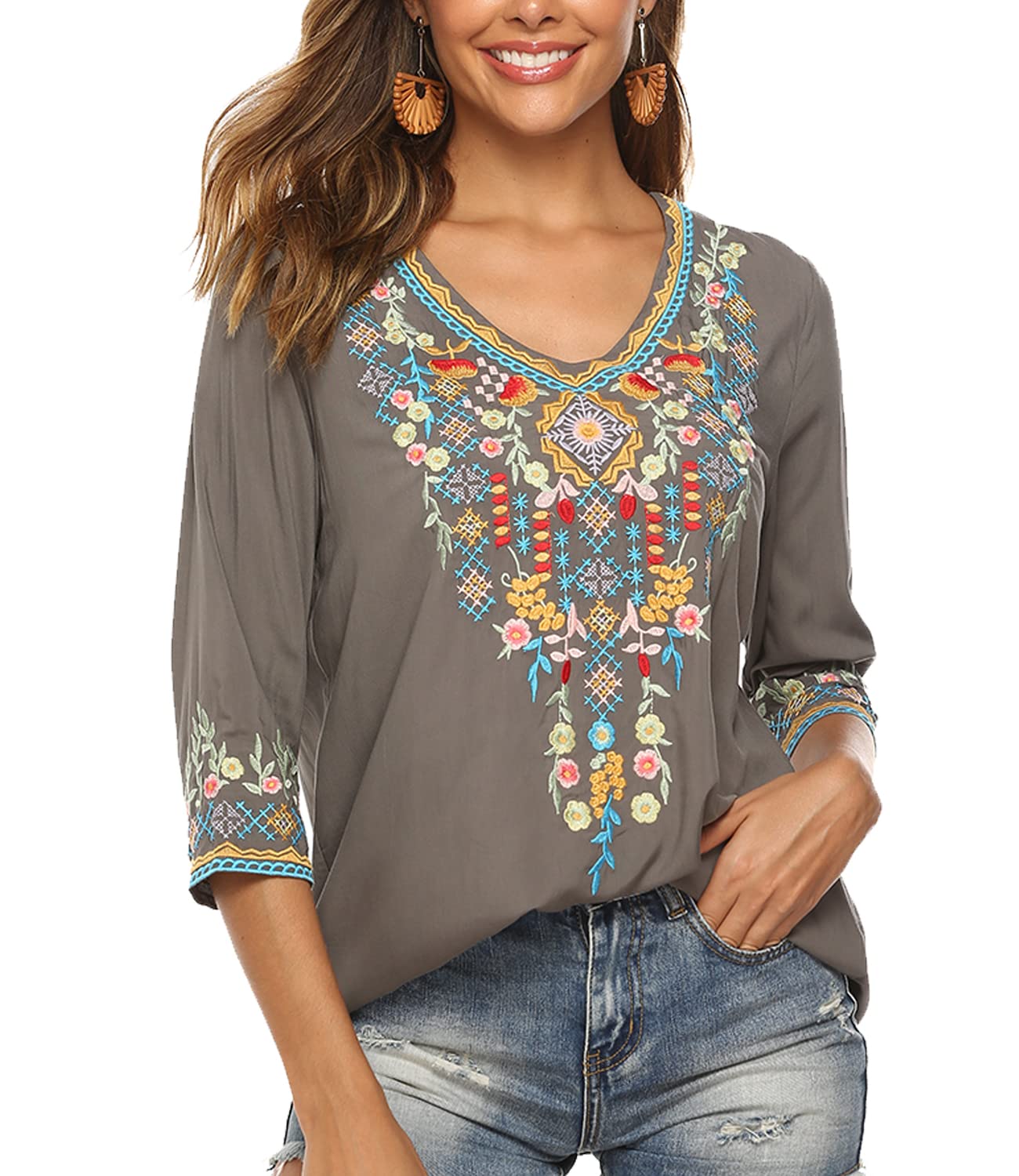 Higustar Mexican Embroidered Tops for Women - Bohemian Hippie Tunic Shirts, Plus Size Boho Peasant Blouses - Perfect for Fiesta, Beach & Festival Wear