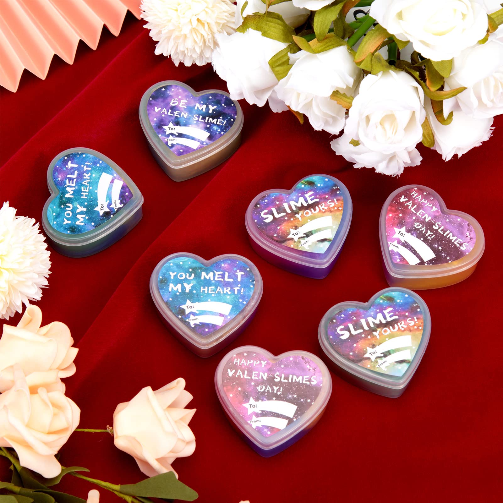 28-Pack Valentine's Day Galaxy Slime Hearts for Kids - Valentine's Party Favors with Greeting Cards - Perfect for Classroom Exchanges, Birthday Gifts & Sensory Play Activities