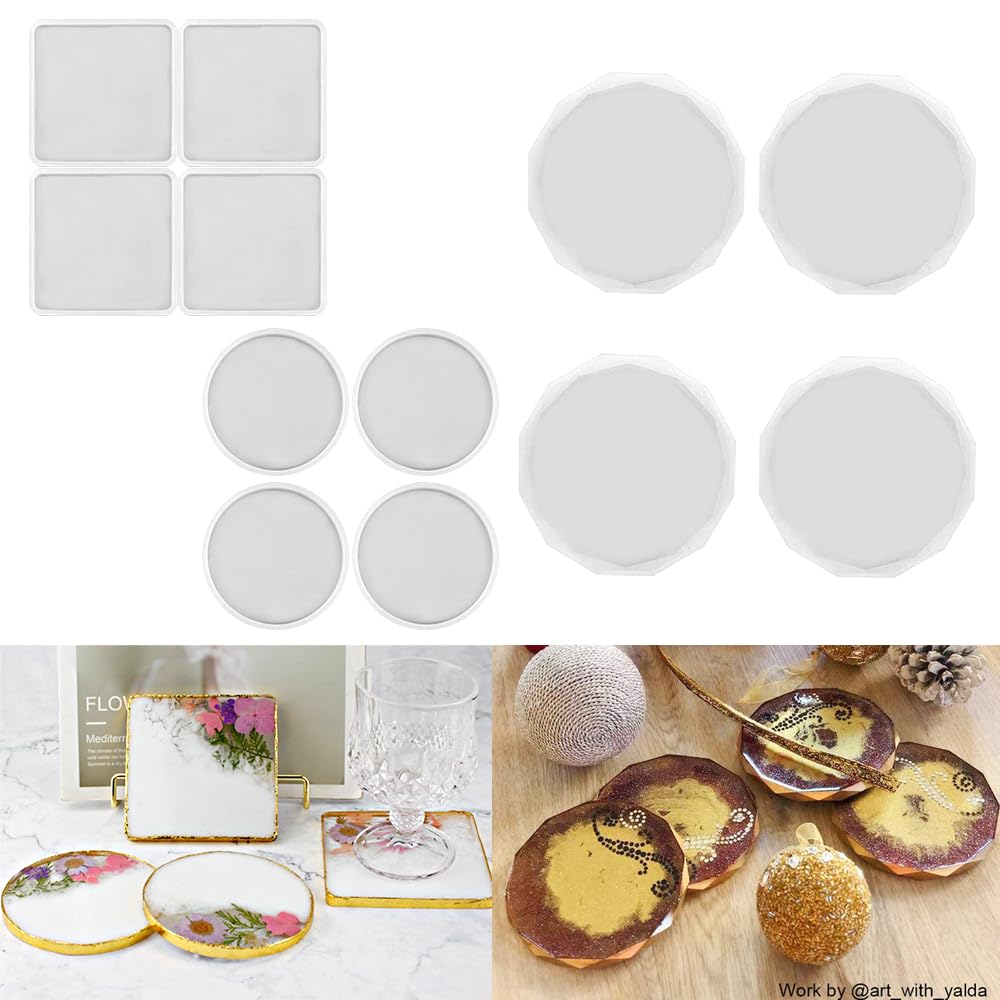 RESINWORLD 4 Pack Diamond Edge Coaster Molds & 8 Pack Thick 4 Inch Resin Coaster Molds Set - DIY Epoxy Resin Craft Supplies for Home Decor, Wedding, Party Favors