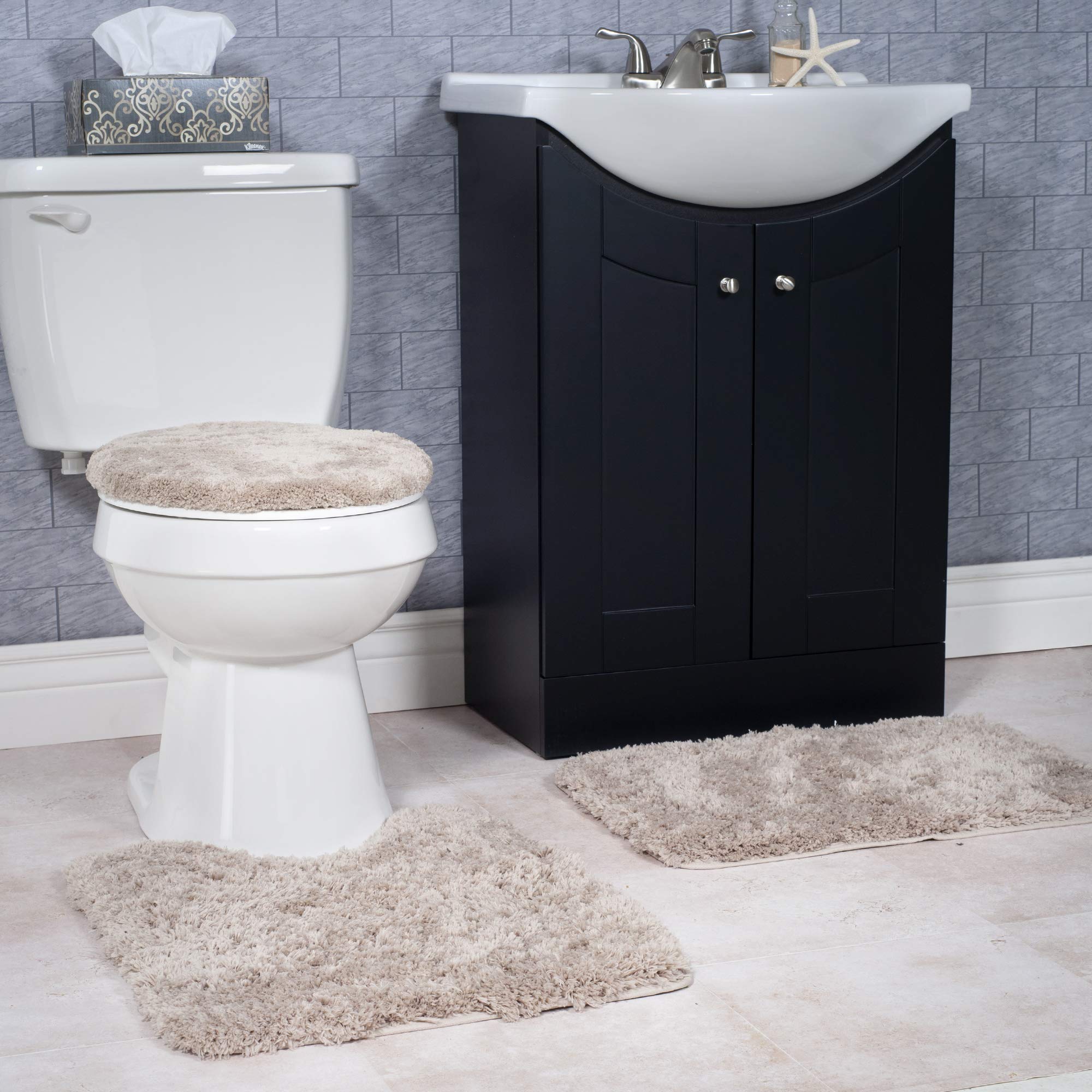 Premium 3-Piece Bathroom Rug Set - Non-Slip Bath Mat with Contour Mat & Toilet Cover - Soft Machine Washable Cotton - Perfect for Bathroom Safety & Decor (Taupe) - Ideal for Master Bath, Guest Bath & Apartment Bathrooms