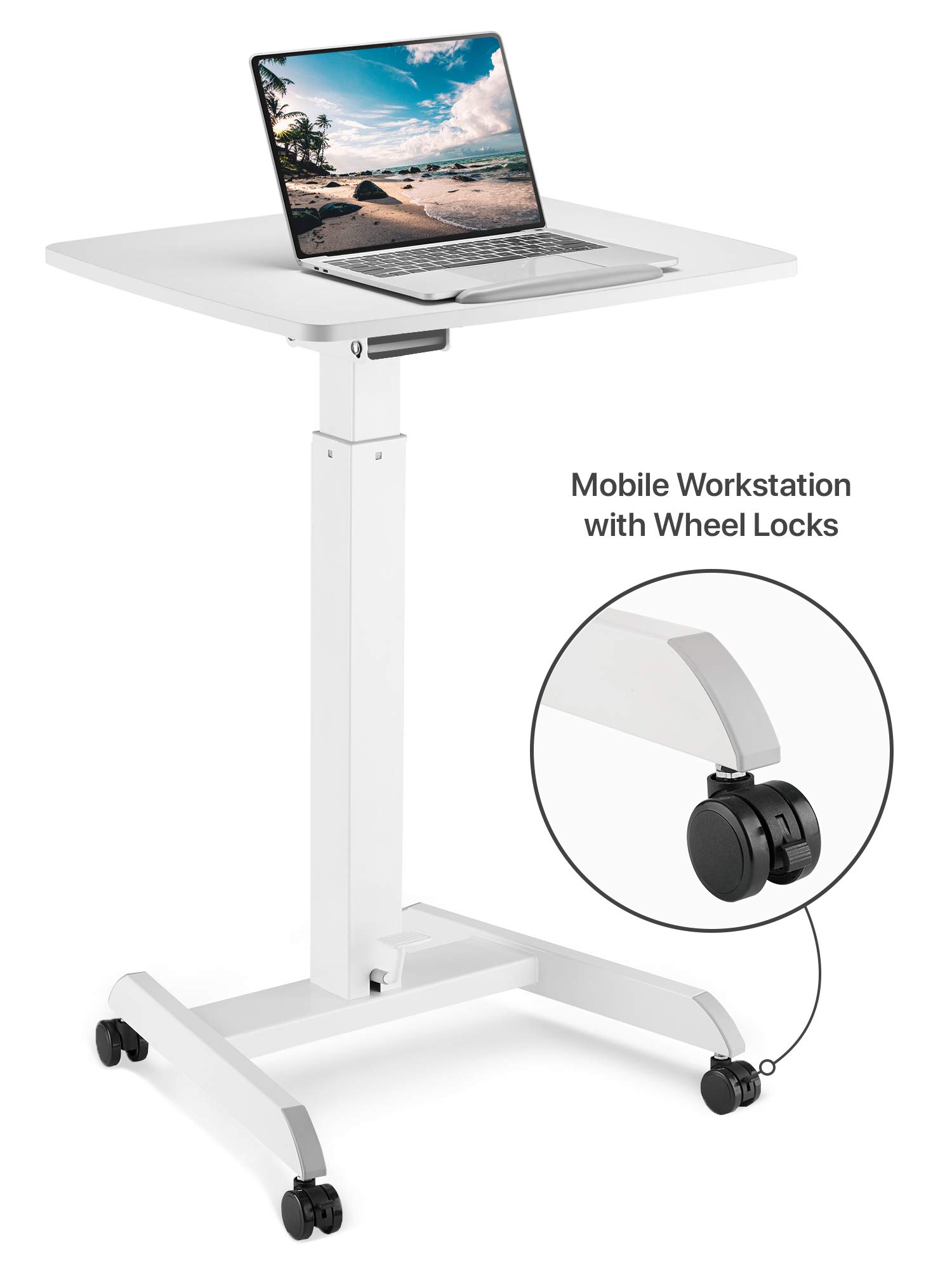 Adjustable Mobile Podium Stand with Wheels - Pneumatic Standing Desk & 30° Tilting Top, Portable Lectern for Lectures, Meetings, Home Office & Computer Work - White (Ideal for Classrooms, Conferences & Remote Work)