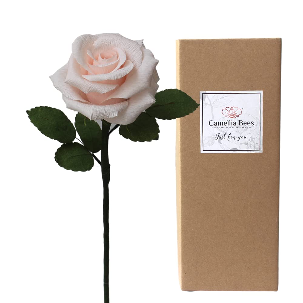Handmade Blush Pink Crepe Paper Rose Gift - Single Long Stem Artificial Flower for 1 Year Wedding Anniversary, Valentine's Day, Mother's Day & Teacher Appreciation | Romantic Home Decor, Wedding Centerpiece & Thoughtful Gift Idea