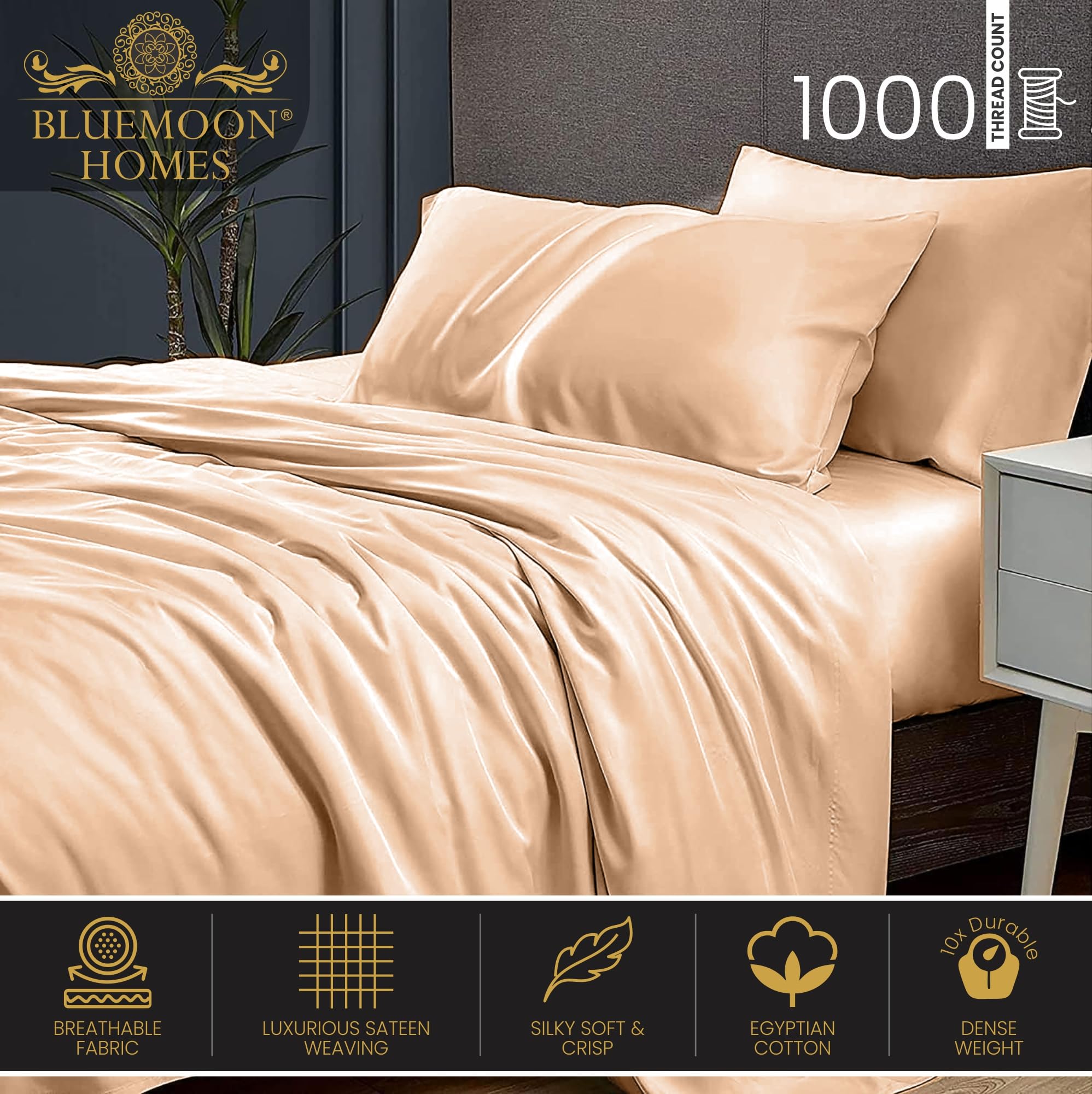 1000 Thread Count Egyptian Cotton Queen Size Sheets - Luxury Cooling Breathable Bedsheets for Hot Sleepers - Sateen Weave 18