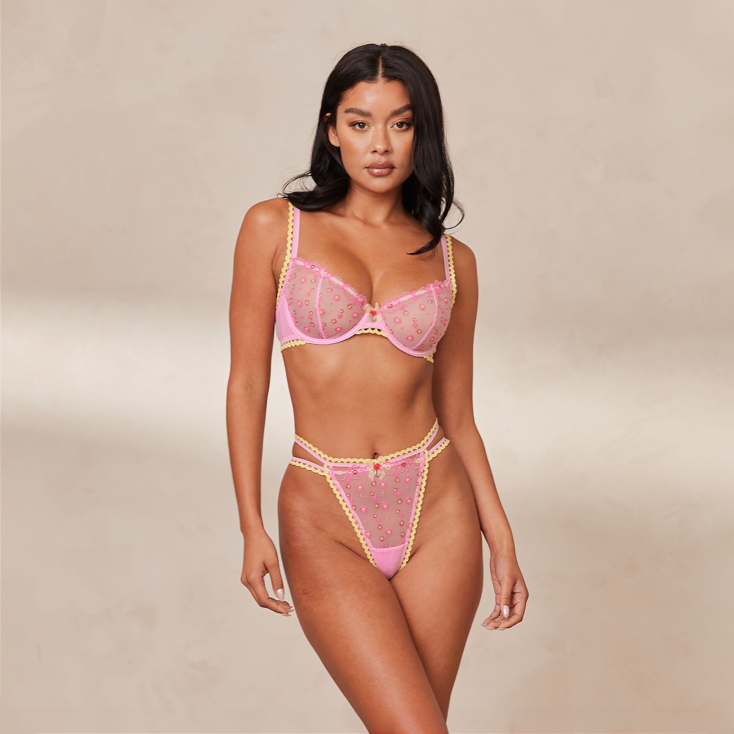 Daisy Embroidered Balcony Bra for Women - Soft Pink Lace Underwire Push Up Bra - Perfect for Everyday Wear, Date Night & Special Occasions
