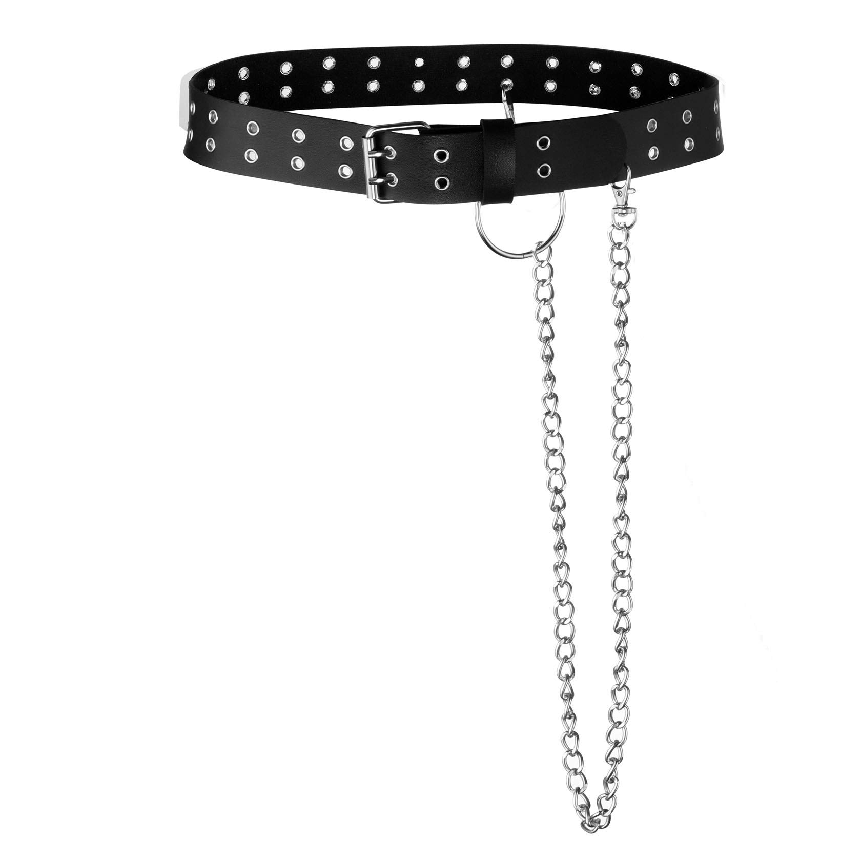 Eigso Punk Belts with O-Rings & Chains - Gothic Rock Steampunk Style Adjustable Garter Strap for Women & Men (PU Leather) - Perfect for Halloween, Cosplay, and Alternative Fashion Outfits