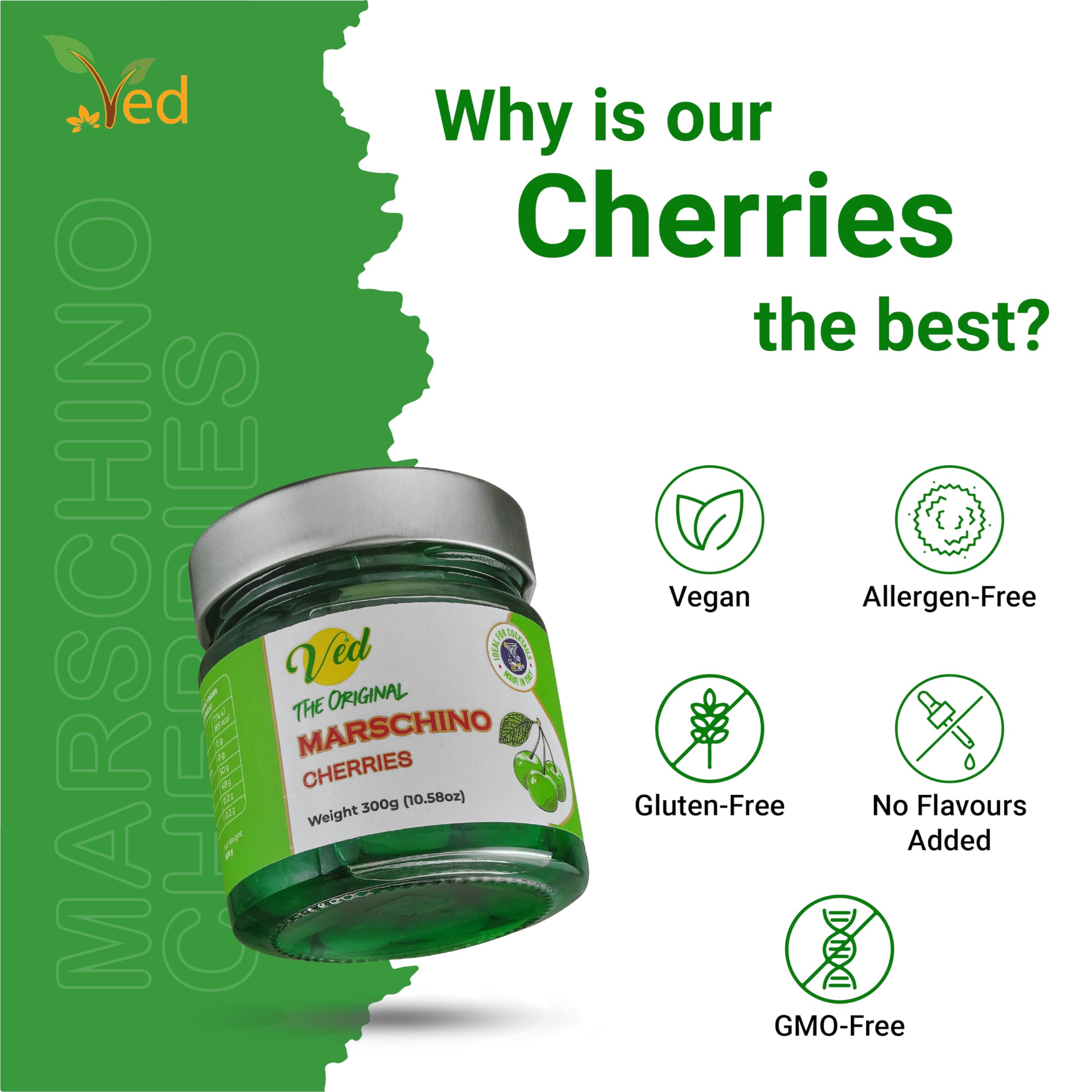 Premium Italian Green Maraschino Cherries in Natural Syrup - Vegan Cocktail Garnish for Old Fashioned, Bourbon & Whiskey Drinks - Gourmet Cherries for Baking, Desserts & Cocktail Decorations - 300g Glass Jar