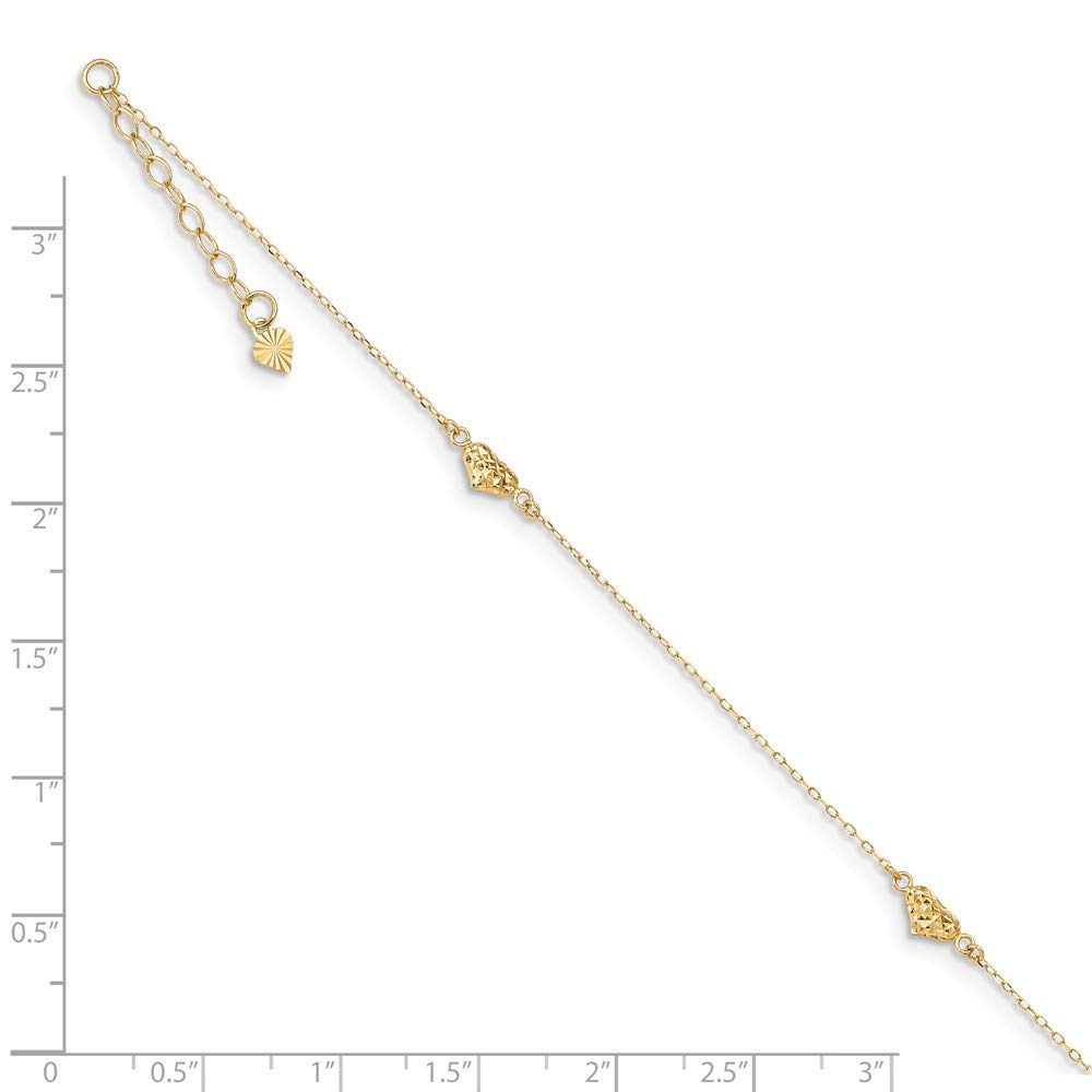 14K Yellow Gold Diamond-Cut Triple Puffed Hearts 1 Inch Anklet Bracelet - 9