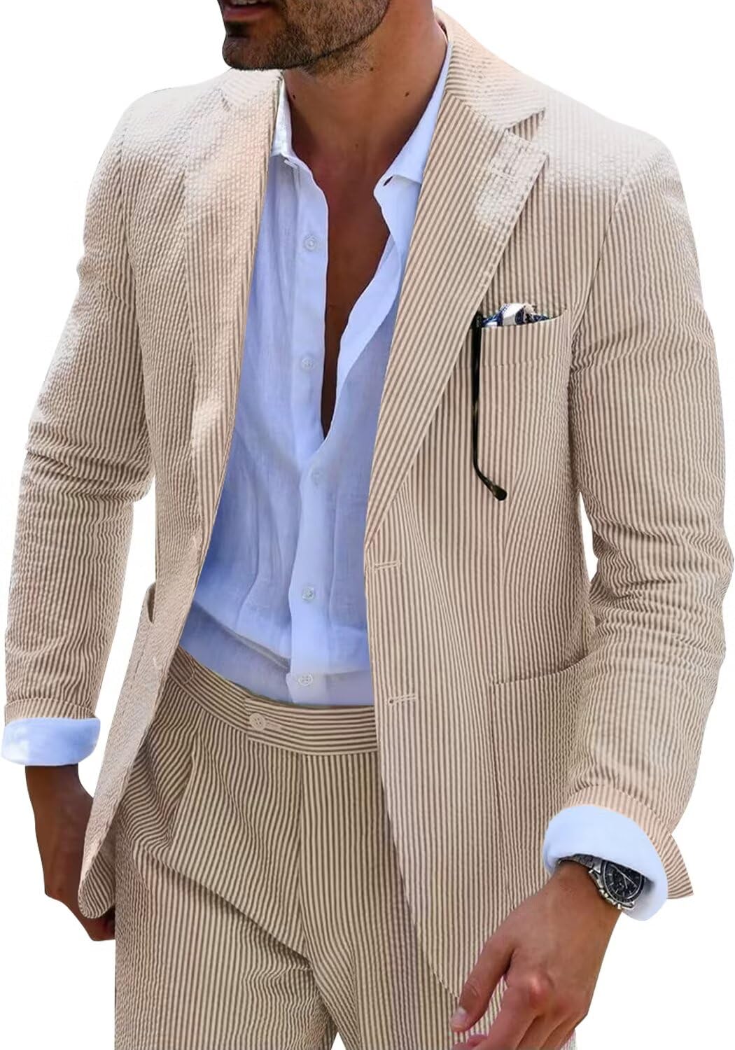 Men's Blue Seersucker Summer Suit - Slim Fit Formal Wedding Suit for Groom | Perfect for Beach Weddings, Garden Parties & Summer Business Events