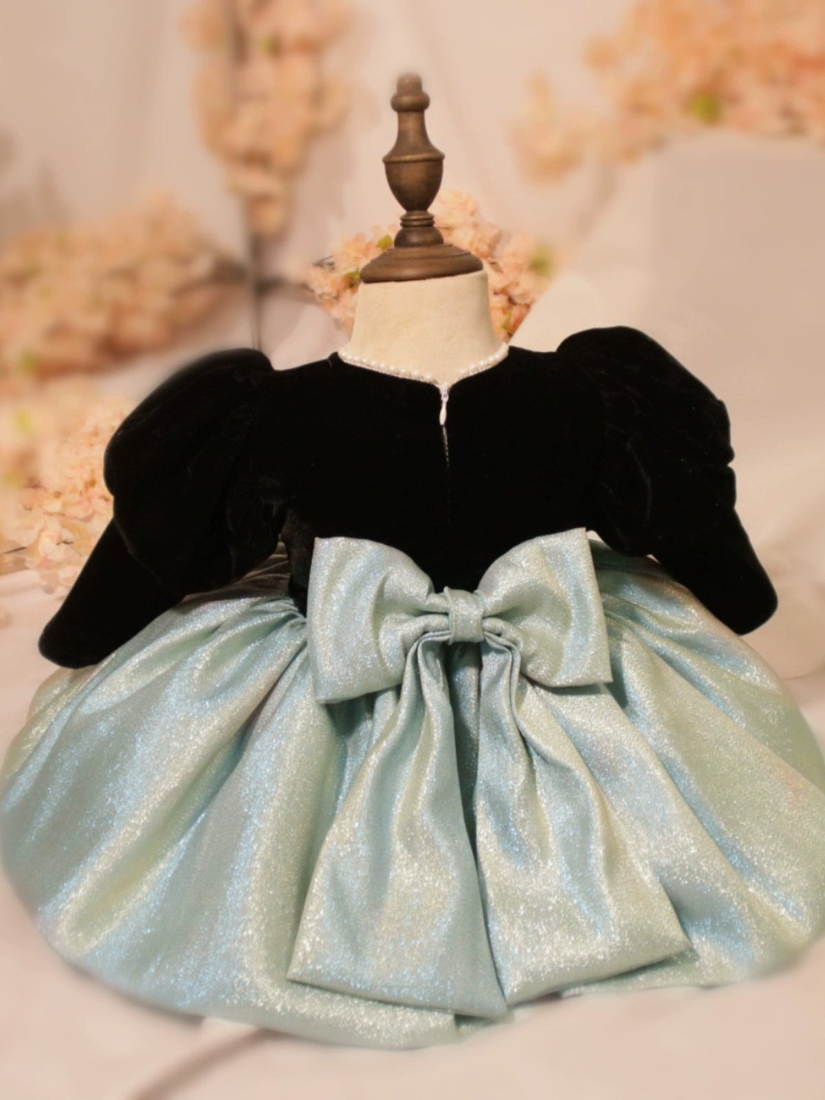 Black Princess Round Tea Length Satin Flower Girl Dress for Weddings, Birthday Parties & Special Occasions