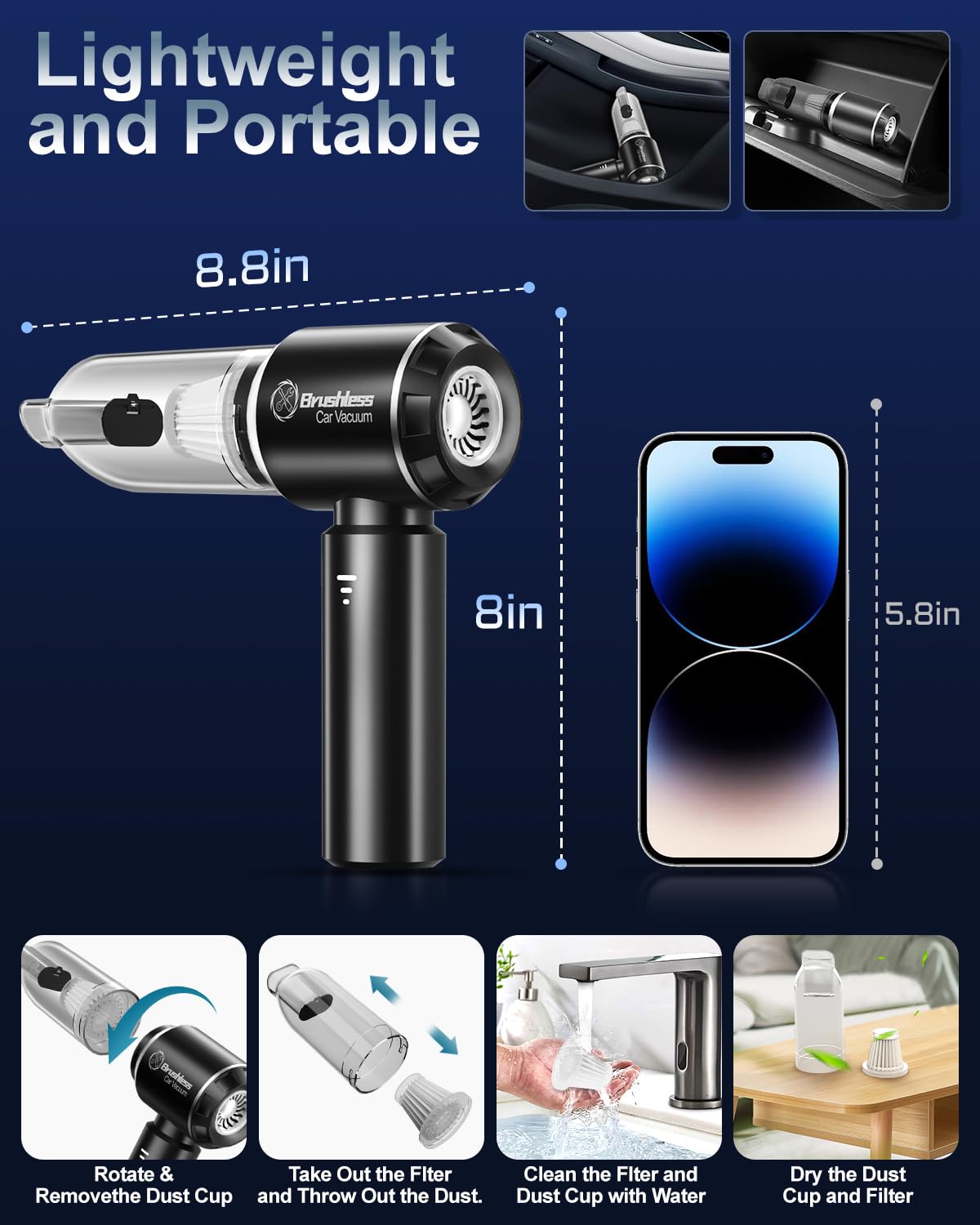 Cordless Handheld Car Vacuum Cleaner - 18000Pa Powerful Portable Vacuum for Car, Home & Office Cleaning