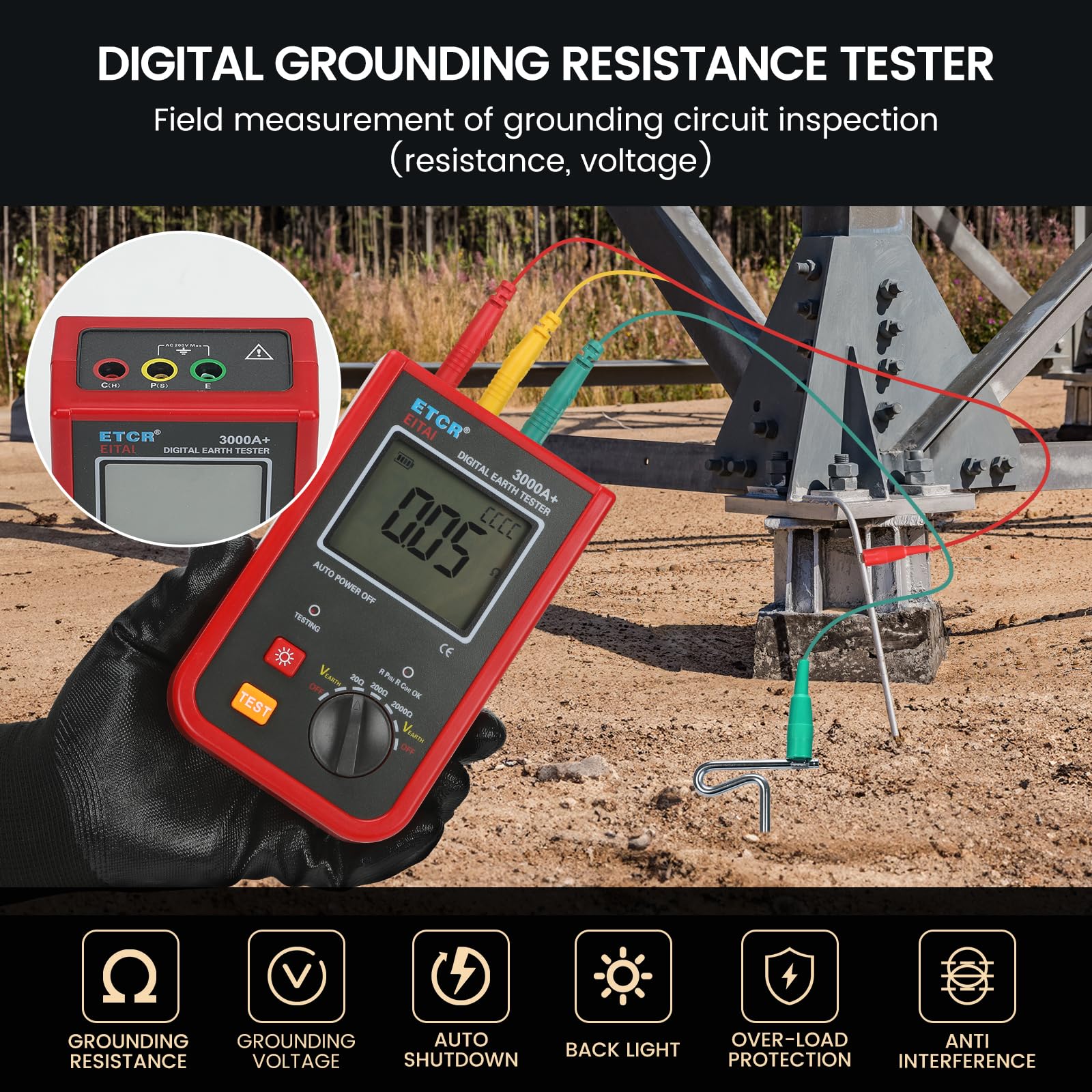 EITAI-ETCR3000A+ Digital Ground Resistance Tester 0-2kΩ, 0-200V - Professional Earth Ground Rod Resistance Meter for Electrical Safety Testing - Perfect for Electricians, Engineers & Industrial Maintenance