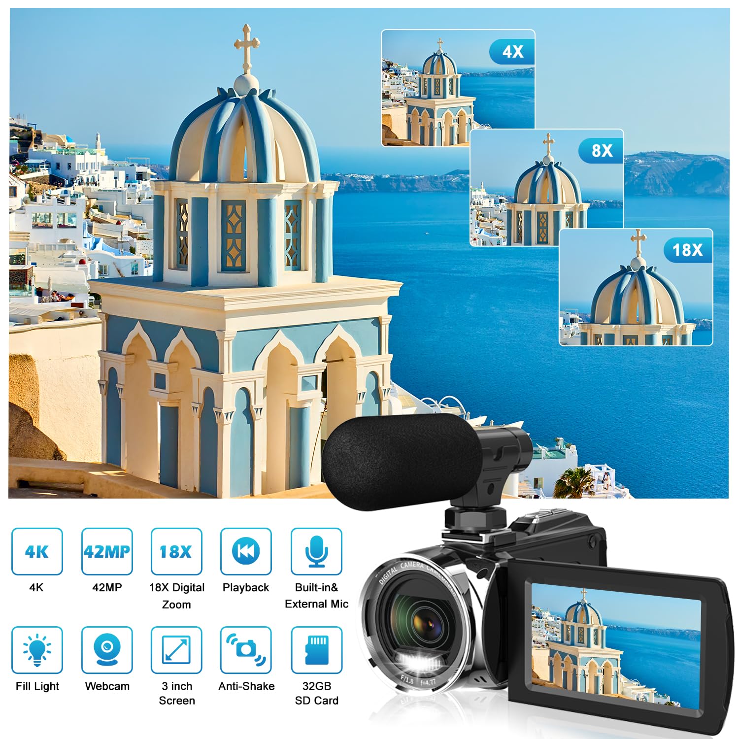 Windancy 4K Ultra HD Video Camera with 18X Digital Zoom - 3 Inch IPS 270° Rotating Screen & Built-in Microphone for YouTube Vlogging, Travel Filming, and Live Streaming