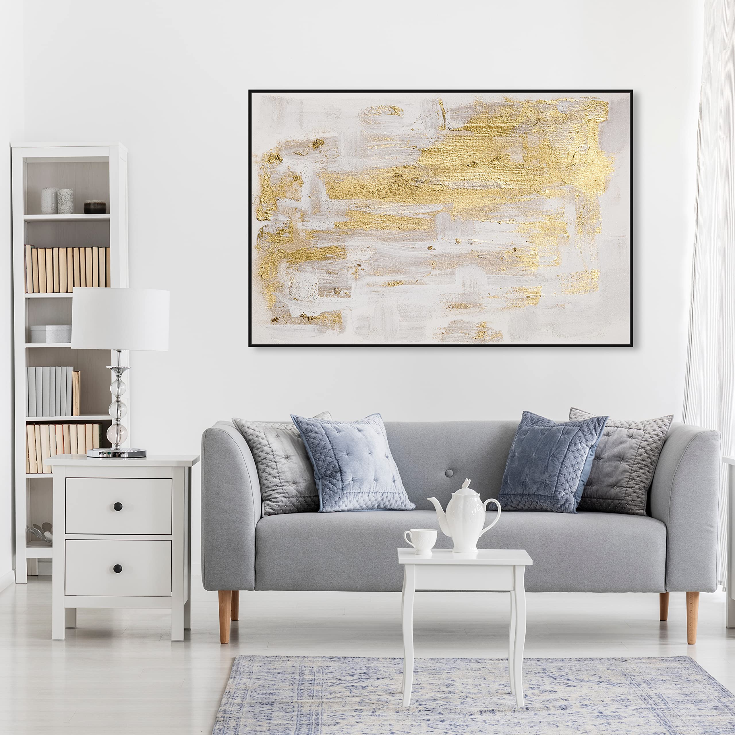 Abstract Wall Art Canvas Print 'Pure Love' - 54x36 Inches, Gold & White - Modern Home Decor for Living Room, Bedroom & Office