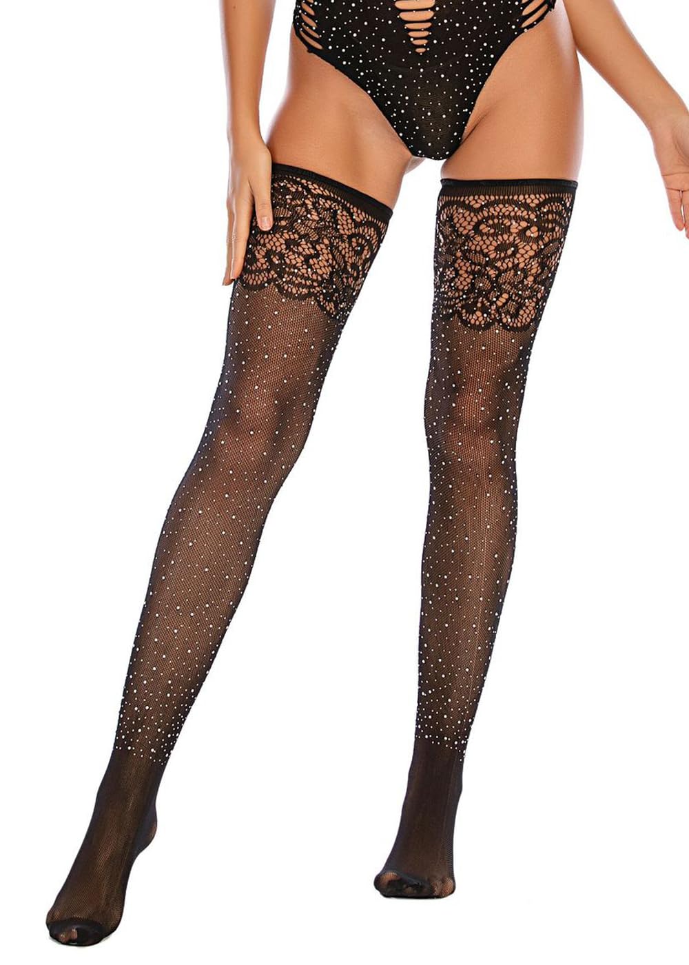 Sparkle Rhinestone Thigh High Stockings for Women - Sexy Glitter Crystal Fishnet Stockings in Black | Perfect for Parties, Cosplay & Night Out