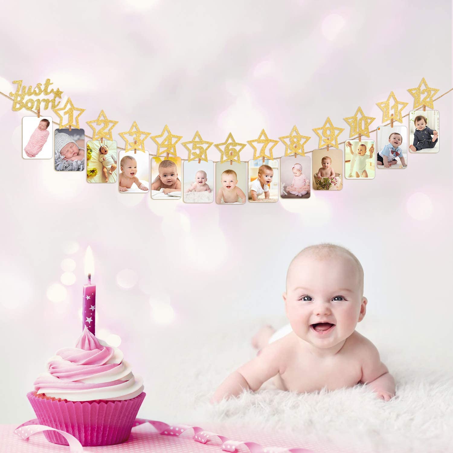 1st Birthday Photo Banner - Newborn to 12 Months Baby Milestone Decor | Gold Glitter Wall Hanging for First Birthday Party, Cake Smash Photos & Nursery Decor | Perfect for Baby Showers, Birthday Celebrations and Nursery Room Decorations