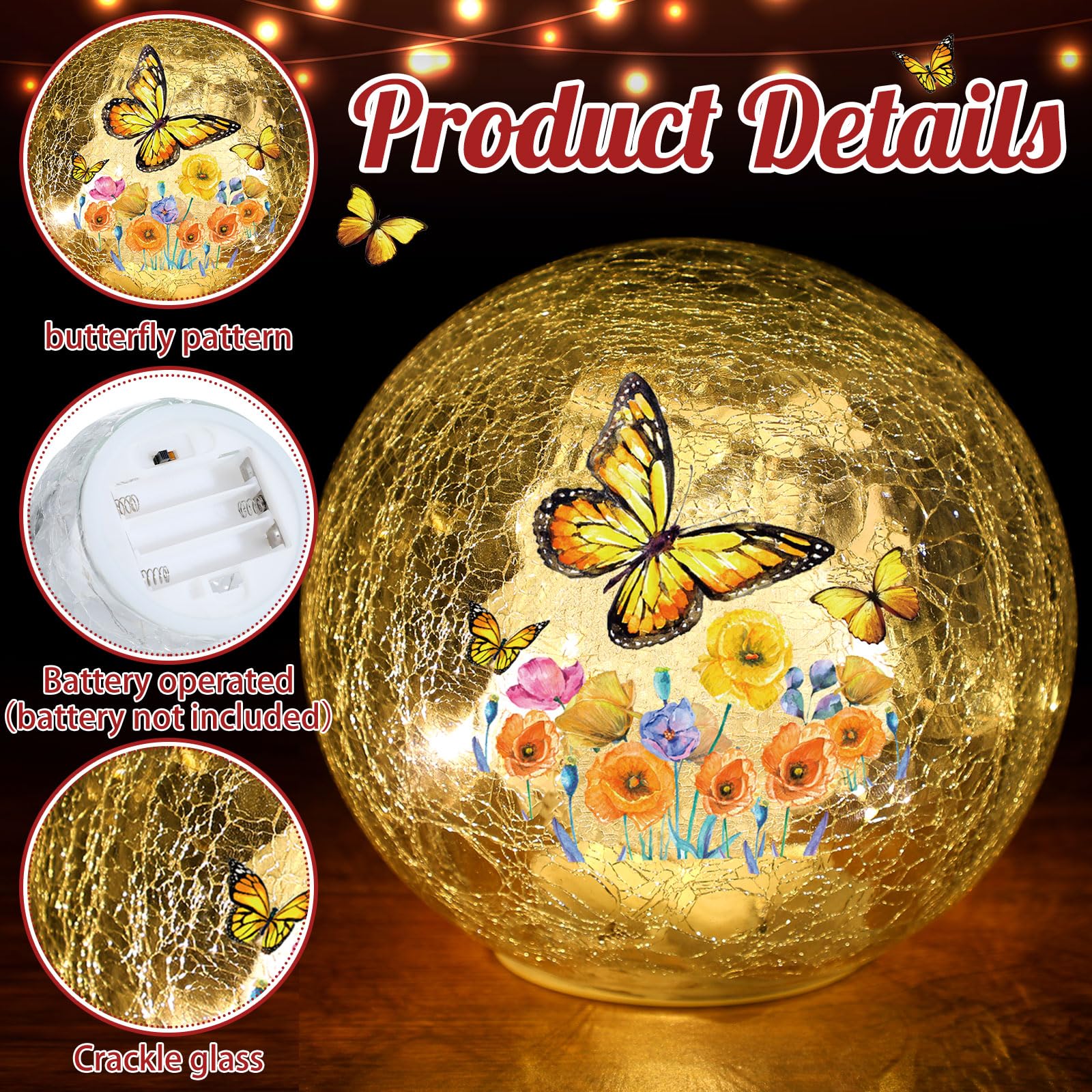 3-Piece Spring Butterfly Crackle Glass Ball Lights - LED Butterfly Globe Lamp for Home Decor, Indoor Tabletop Night Light, Romantic Bedroom & Living Room Decoration
