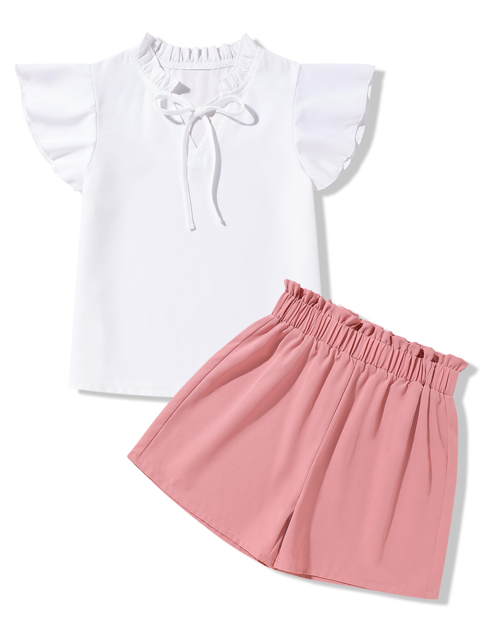 Girls Summer Outfits - V Neck Ruffle Short Sleeve T-Shirt & Casual Shorts Set for Ages 7-14 | Cute Playtime & Beach Vacation Outfits