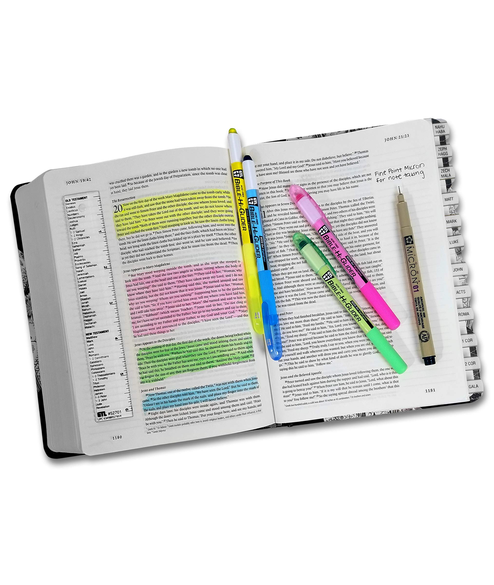 Accu-Gel Bible Highlighter & Pigma Micron Bible Study Starter Set - No Bleed Pigmented Ink, Fine Point Black, Yellow & Green - Perfect for Bible Journaling, Scripture Marking & Church Study Groups