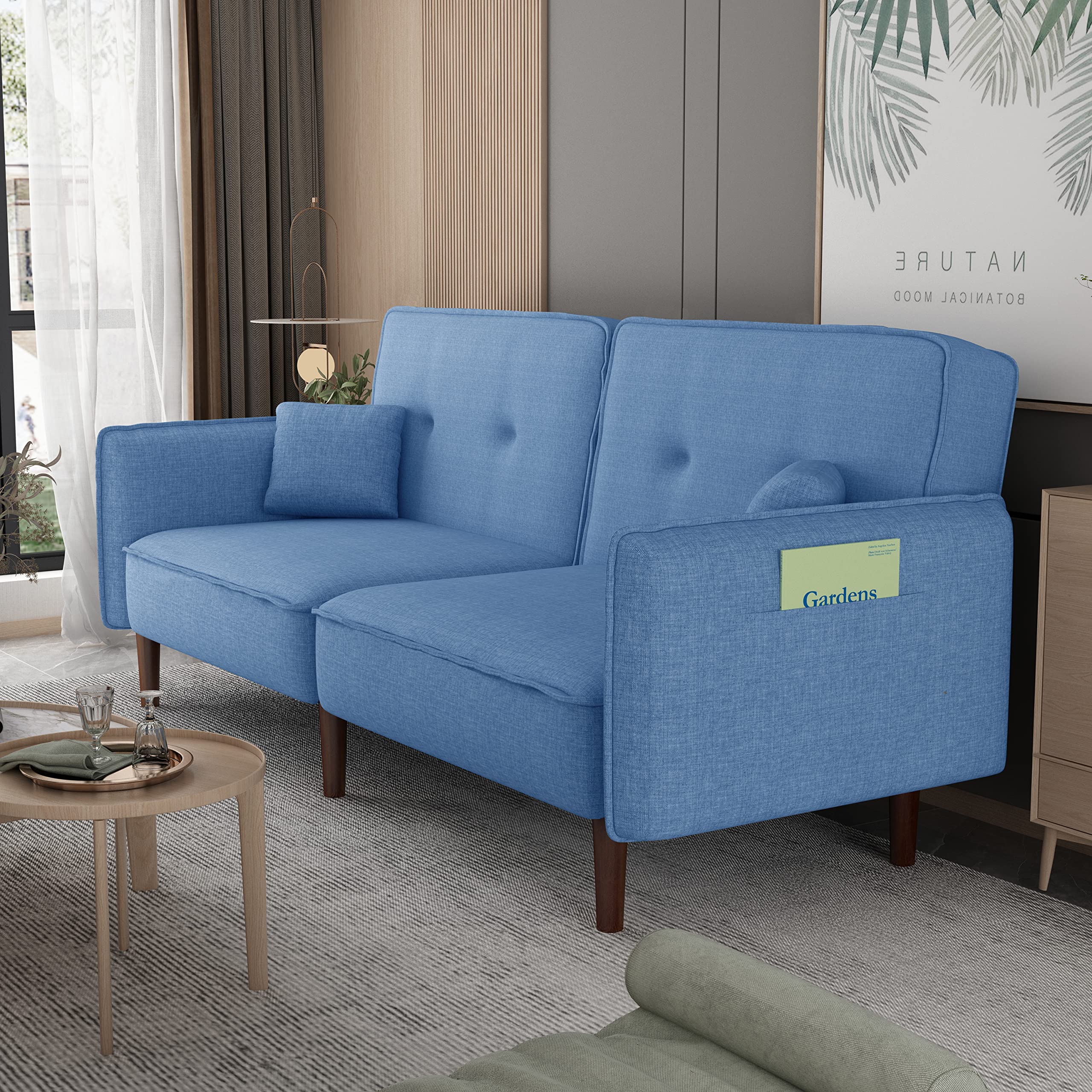 Rophefx 3-Position Adjustable Futon Sofa Bed - Convertible Sleeper Couch with 2 Pillows, Modern Loveseat for Small Spaces - Perfect for Living Room, Bedroom & Guest Room (Blue)