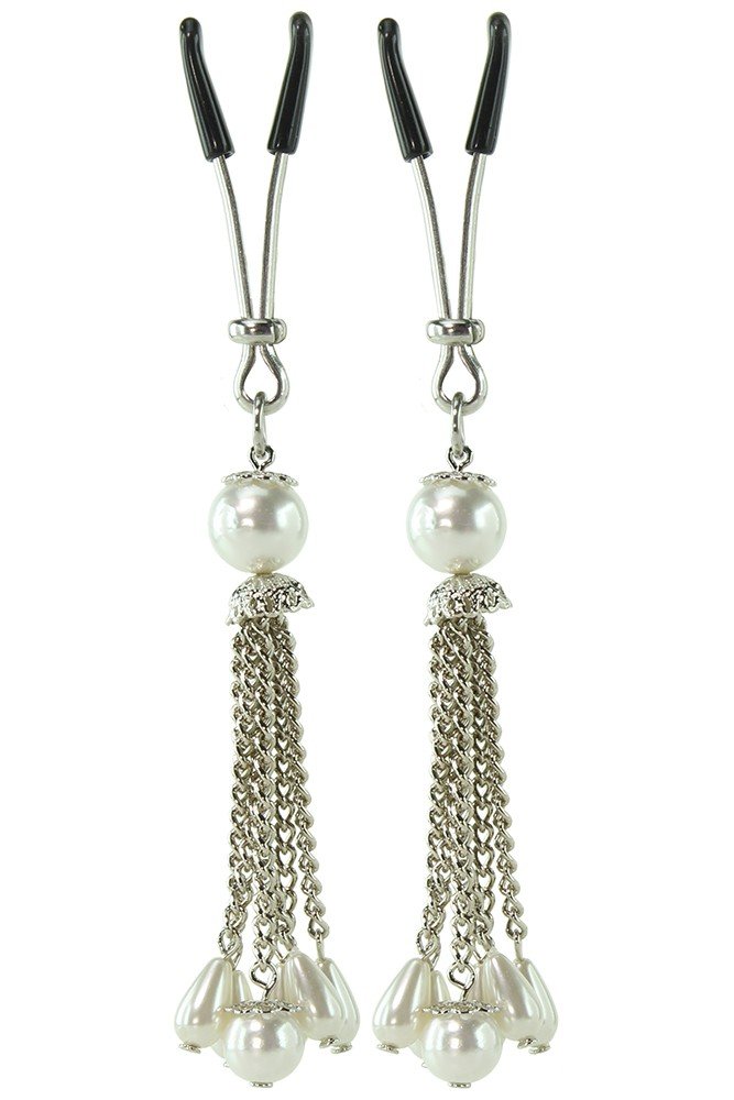 Sensual Nipple Clamps with Chrome Plated Short Tweezers & Pearl Tassels - BDSM Adult Toys for Couples Play, Fetish Accessories, and Sensual Exploration