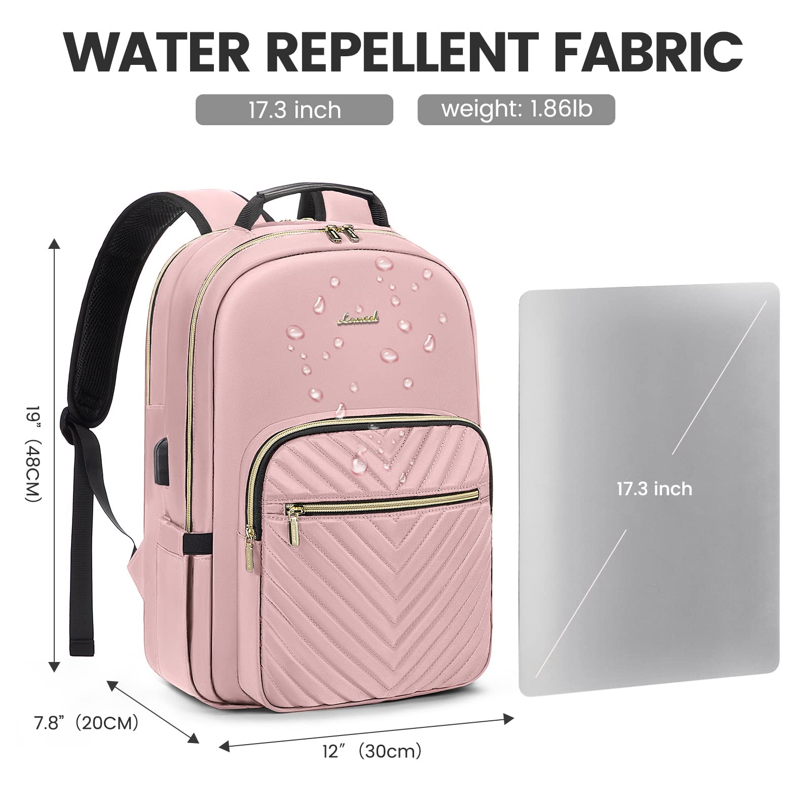 LOVEVOOK 17.3 Inch Laptop Backpack for Women - Stylish Waterproof Travel Backpack with USB Port, Professional Work Bag for Business, College, Teacher, and Everyday Use, Pink