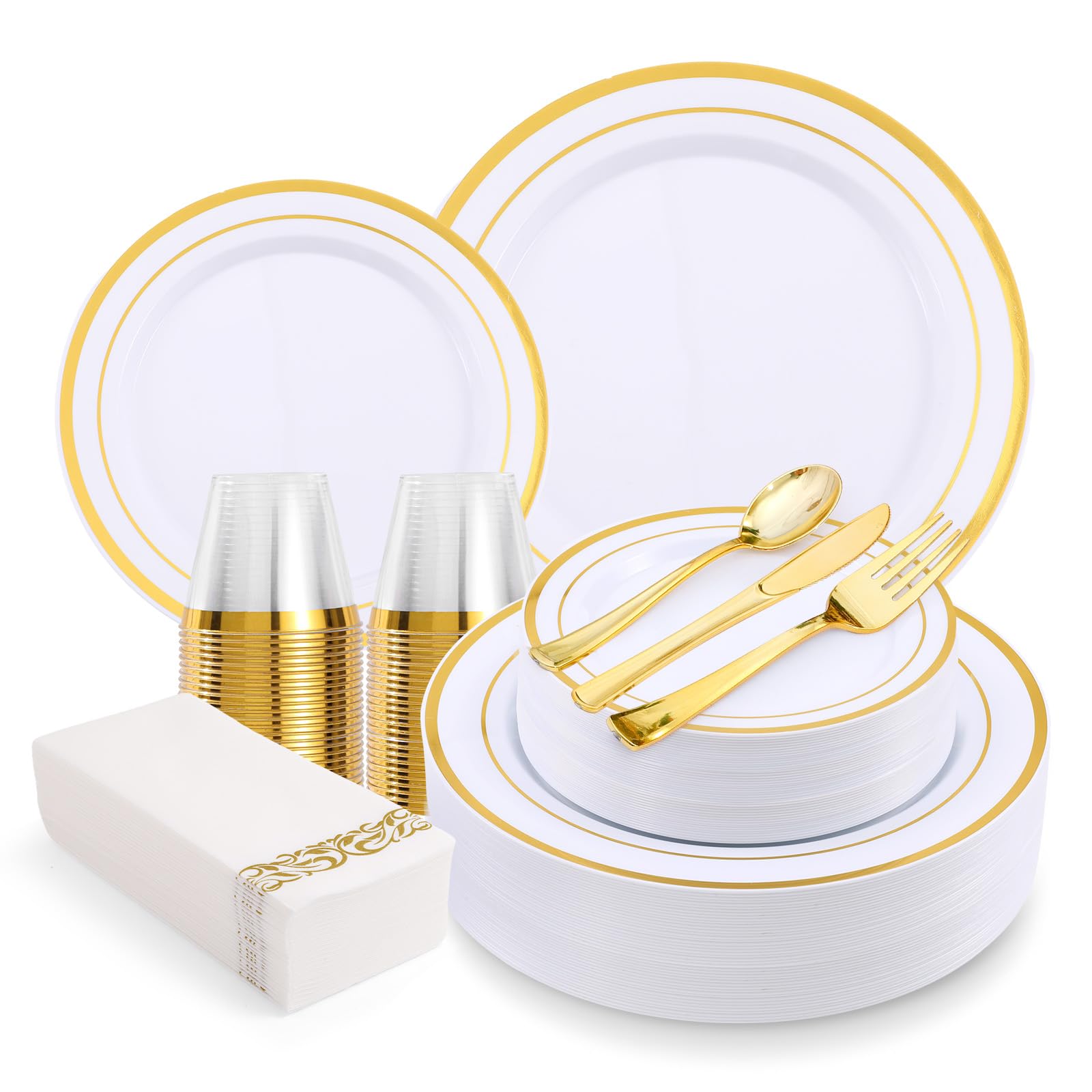 350-Piece Gold Rim Disposable Plastic Dinnerware Set for 50 Guests - Elegant Party & Wedding Tableware Includes Dinner Plates, Dessert Plates, Gold Silverware, Napkins & Cups - Perfect for Banquets, Bridal Showers, Anniversary Celebrations & Formal Events