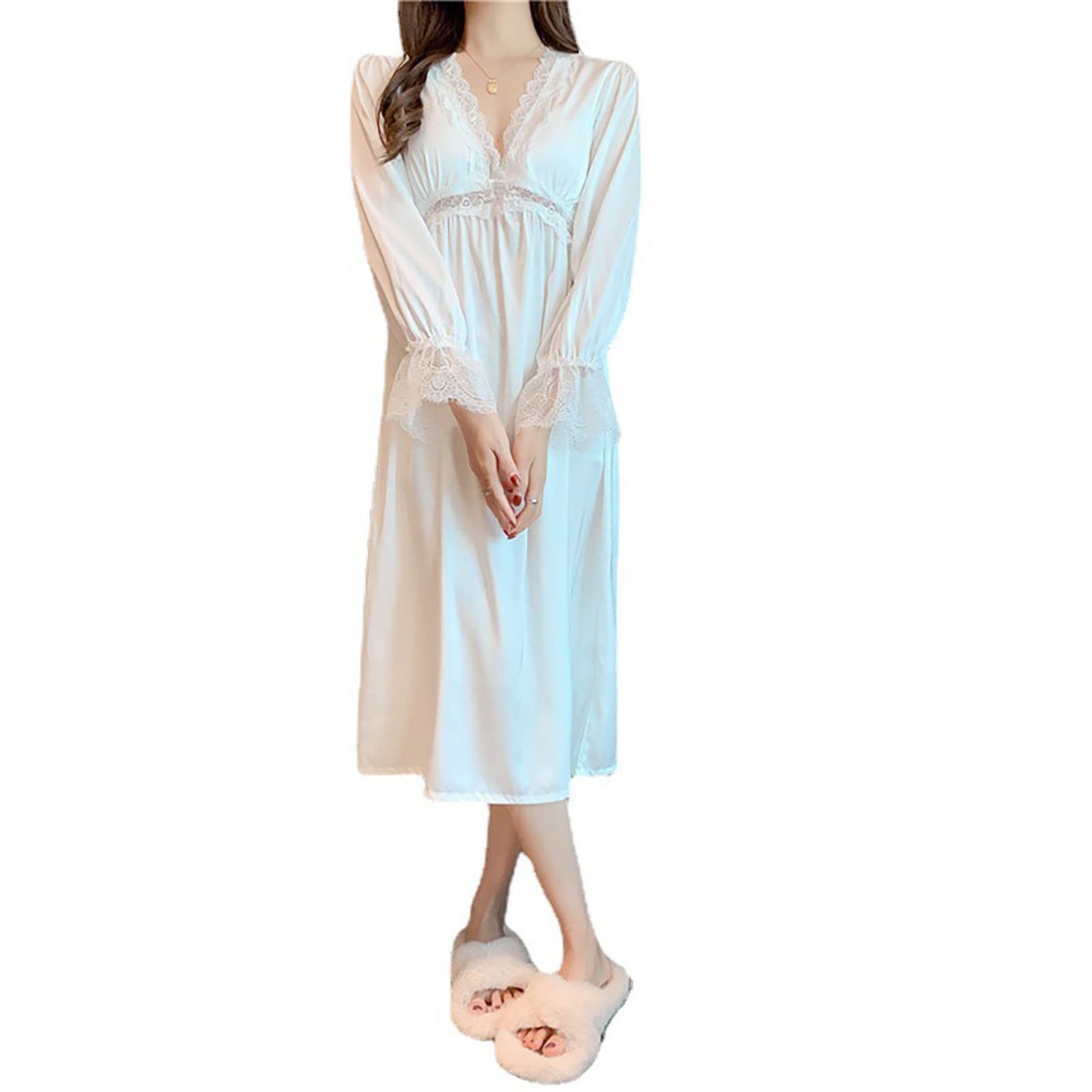 ASHER FASHION Women's Victorian Lace V-Neck Long Sleeve Nightgown with Bowknot & Breast Pads - Elegant Sleepwear & Loungewear for Romantic Evenings & Comfortable Bedtime