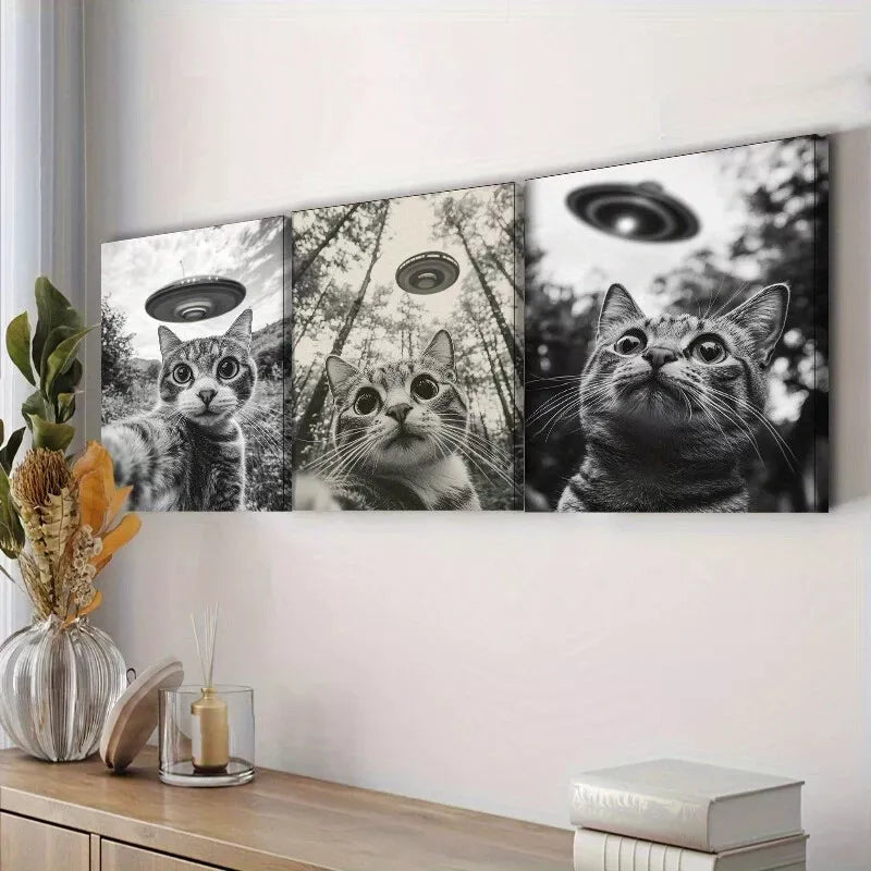 3-Piece UFO Cat Selfie Wall Art Set - Framed Canvas Prints 50x70cm | High-Quality Australian Made | Perfect for Living Room, Bedroom & Office Decor