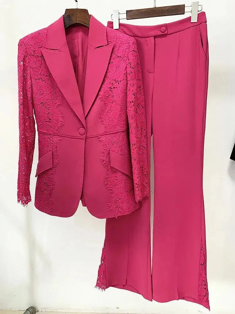 Elegant Lace Patchwork Women's Pant Suit Set with Flared Pants - Formal Office Wear & Evening Party Outfit
