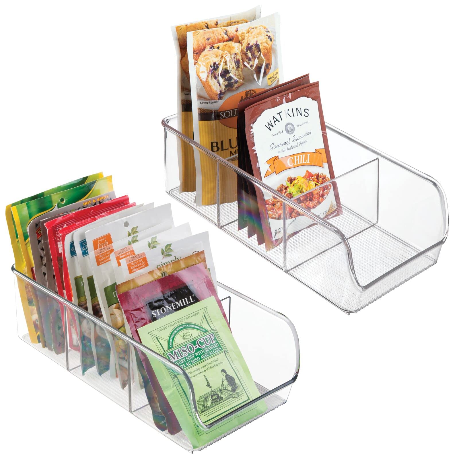 mDesign Clear Plastic 3-Compartment Food Storage Bin Organizer - Kitchen Cabinet, Pantry, Shelf, Drawer, Fridge & Freezer Organization - Perfect for Snack Bars, Cereal & Dry Goods - Ligne Collection 2-Pack - Ideal for Meal Prep & Space Saving Storage