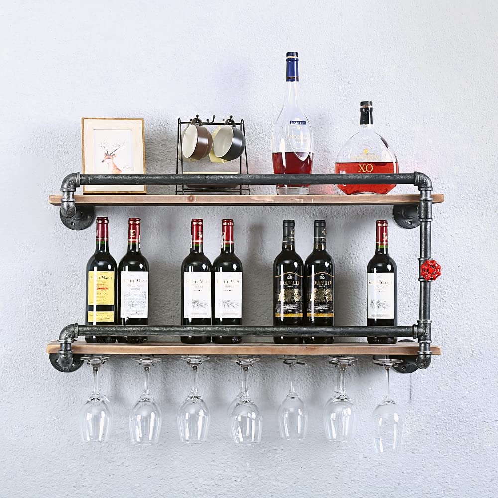 Rustic Industrial Pipe Wine Glass Rack - Wall Mounted 2-Tier Shelf with 7 Stem Holder (36 Inch) - Perfect for Kitchen, Bar, Dining Room & Wine Cellar Organization