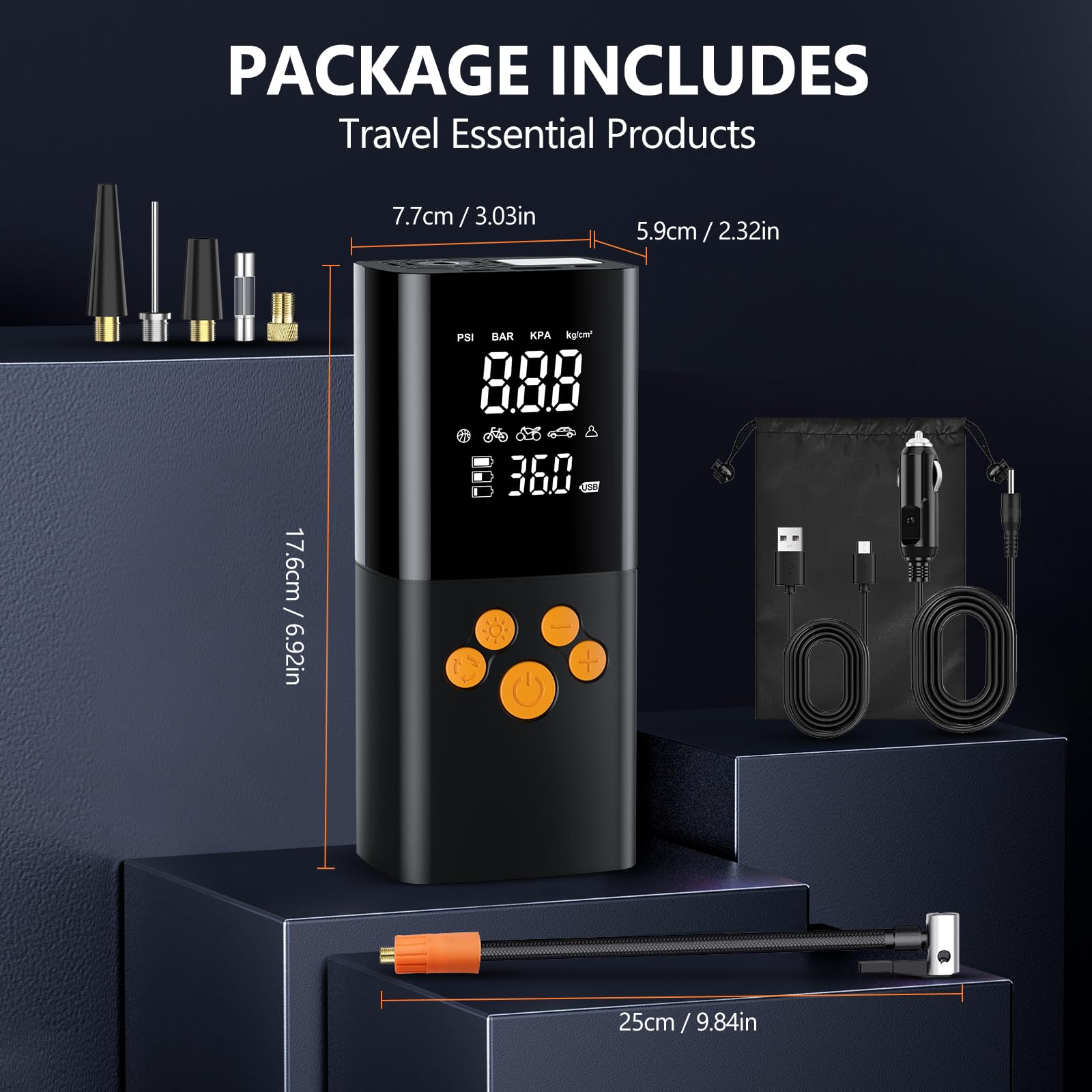 Portable Tire Inflator Air Compressor - 180PSI Car Air Pump with 25000mAh Battery, Digital Pressure Gauge - Fast Inflation for Cars, Motorcycles, Bicycles, Sports Balls & Inflatables - Perfect for Road Trips, Camping & Emergency Use