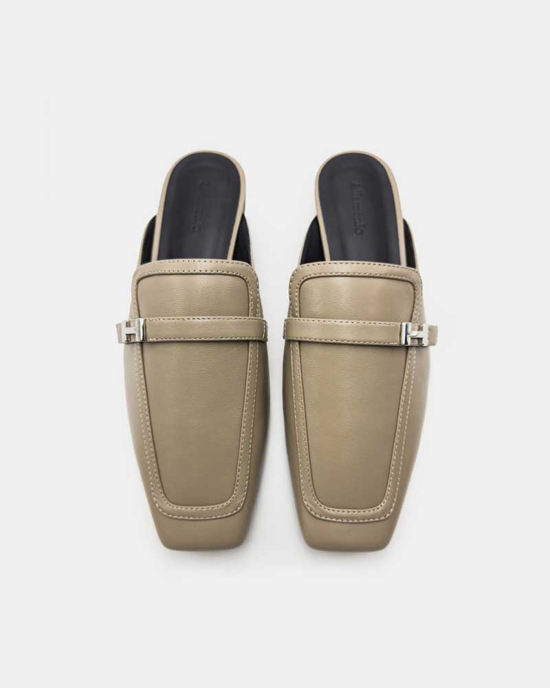 Khaki Leather Flat Loafer Mules for Women - Comfortable Slip-On Shoes for Casual Outfits, Office Wear & Everyday Use