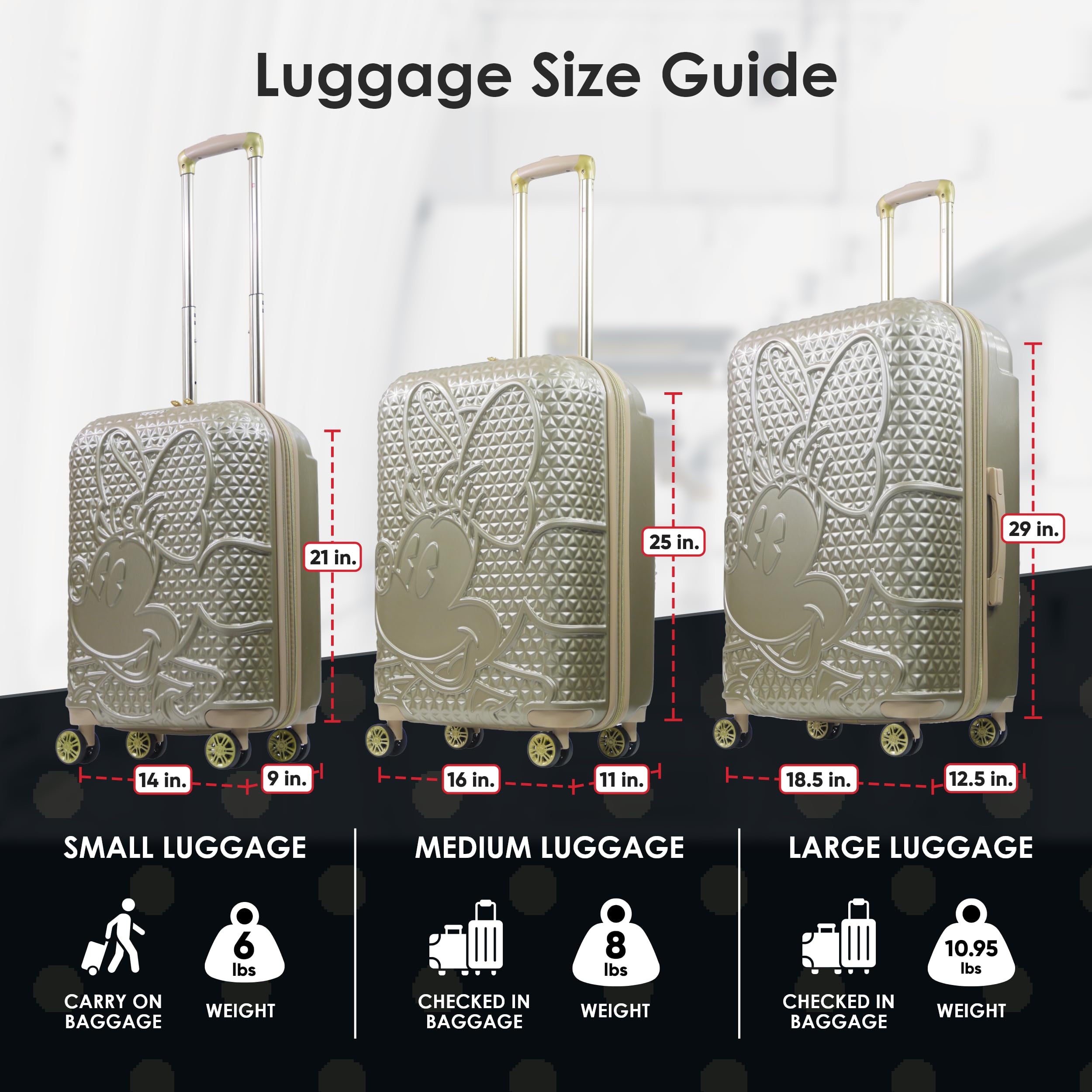 Disney Minnie Mouse Rolling Luggage - 29 Inch Textured Hardshell Suitcase with 360° Spinner Wheels, Gold - Perfect for Travel, Vacations & Disney Theme Park Trips